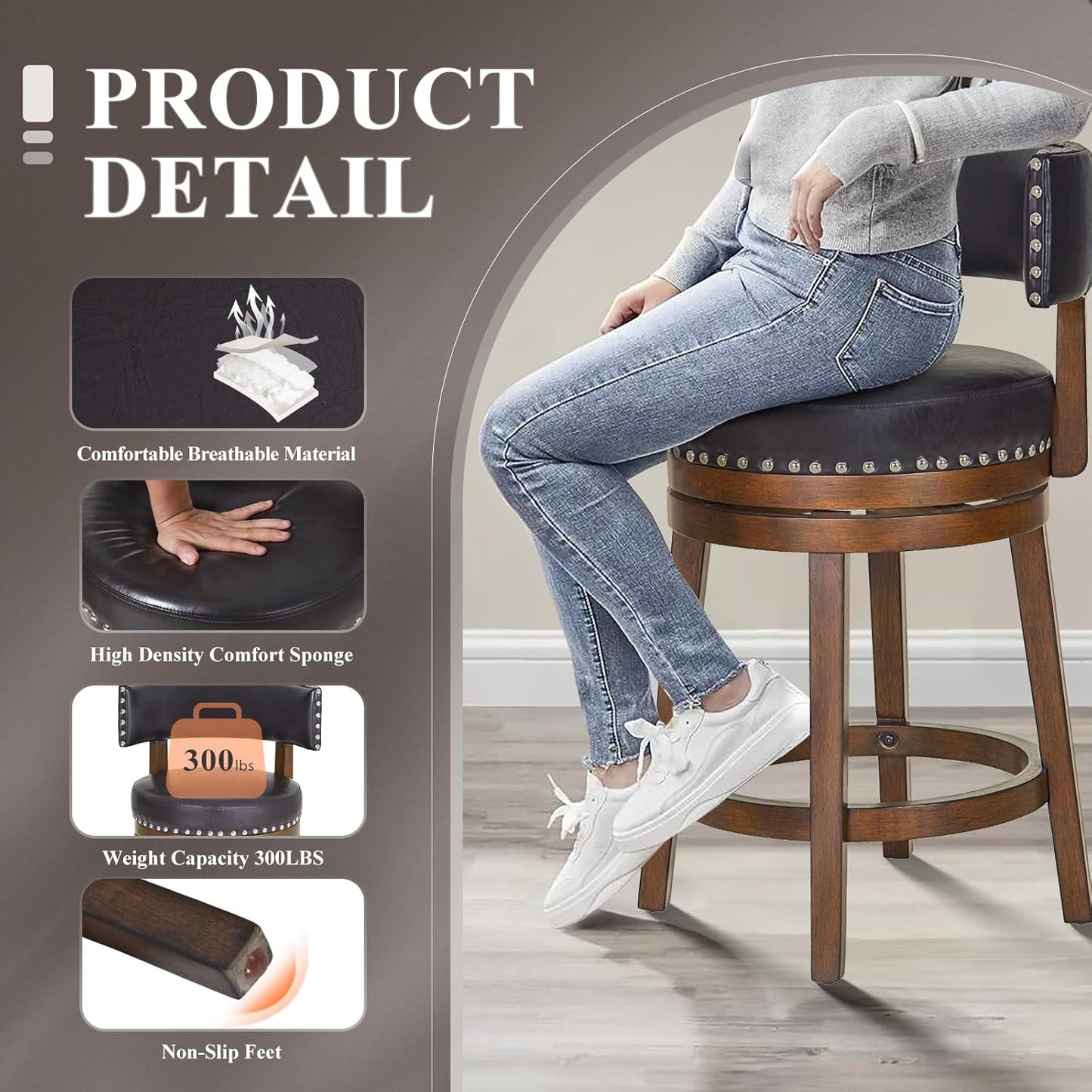 COLAMY Swivel Bar Stool, Modern Swivel Barstool with Back, Counter Height Bar Stools, 25 Inch Upholstered Wood Barstool for Kitchen Island Dining Room Bar, Dark Brown