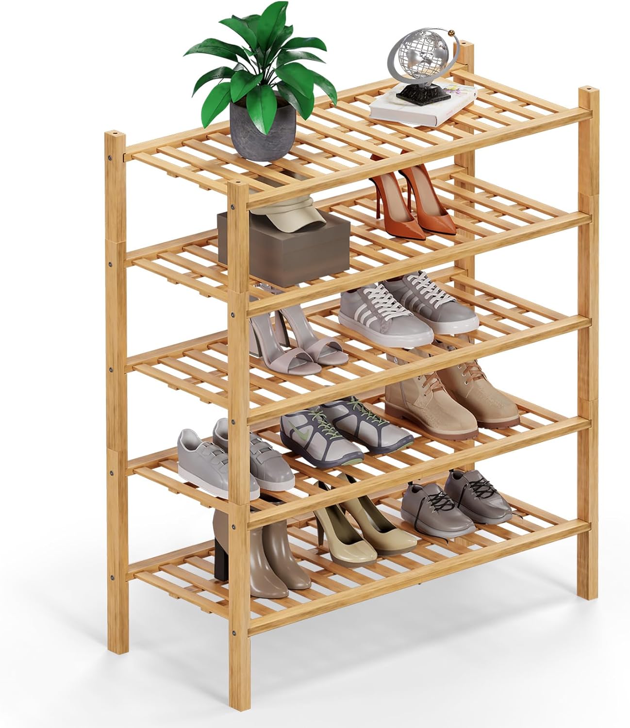 Haddockway 5 Tier Bamboo Shoe Rack Storage Organizer, Multifunctional Free Standing Stackable Shoe Shelf with Grid Panel for Closet,Hallway,Entryway,Small Space 27"x11"x32" (Natural, 5 Tier)