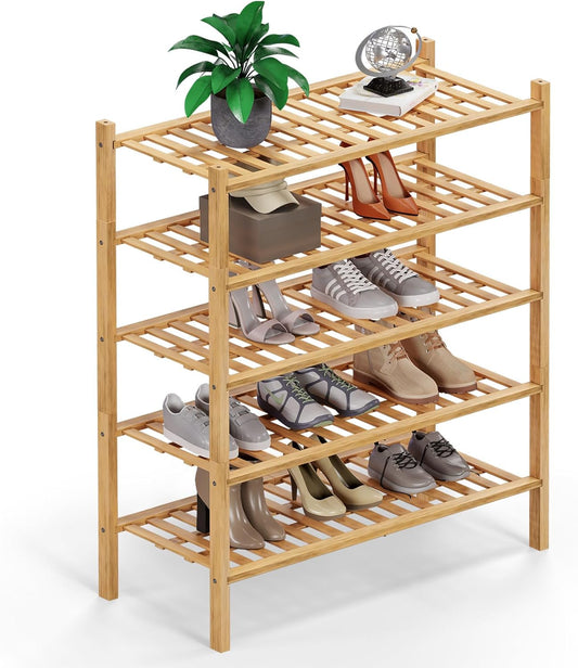 Haddockway 5 Tier Bamboo Shoe Rack Storage Organizer, Multifunctional Free Standing Stackable Shoe Shelf with Grid Panel for Closet,Hallway,Entryway,Small Space 27"x11"x32" (Natural, 5 Tier)