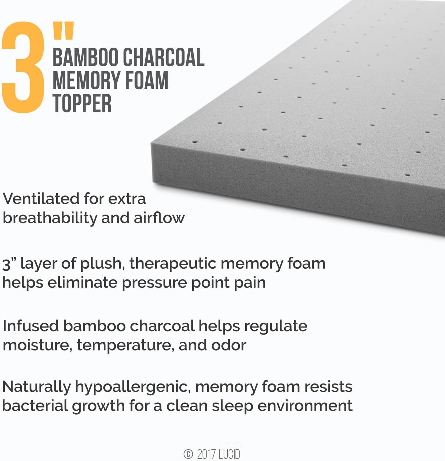 Lucid 3 Inch Ventilated Bamboo Charcoal Memory Foam Mattress Topper, CertiPUR-US Certified, Moisture and Odor Control-King