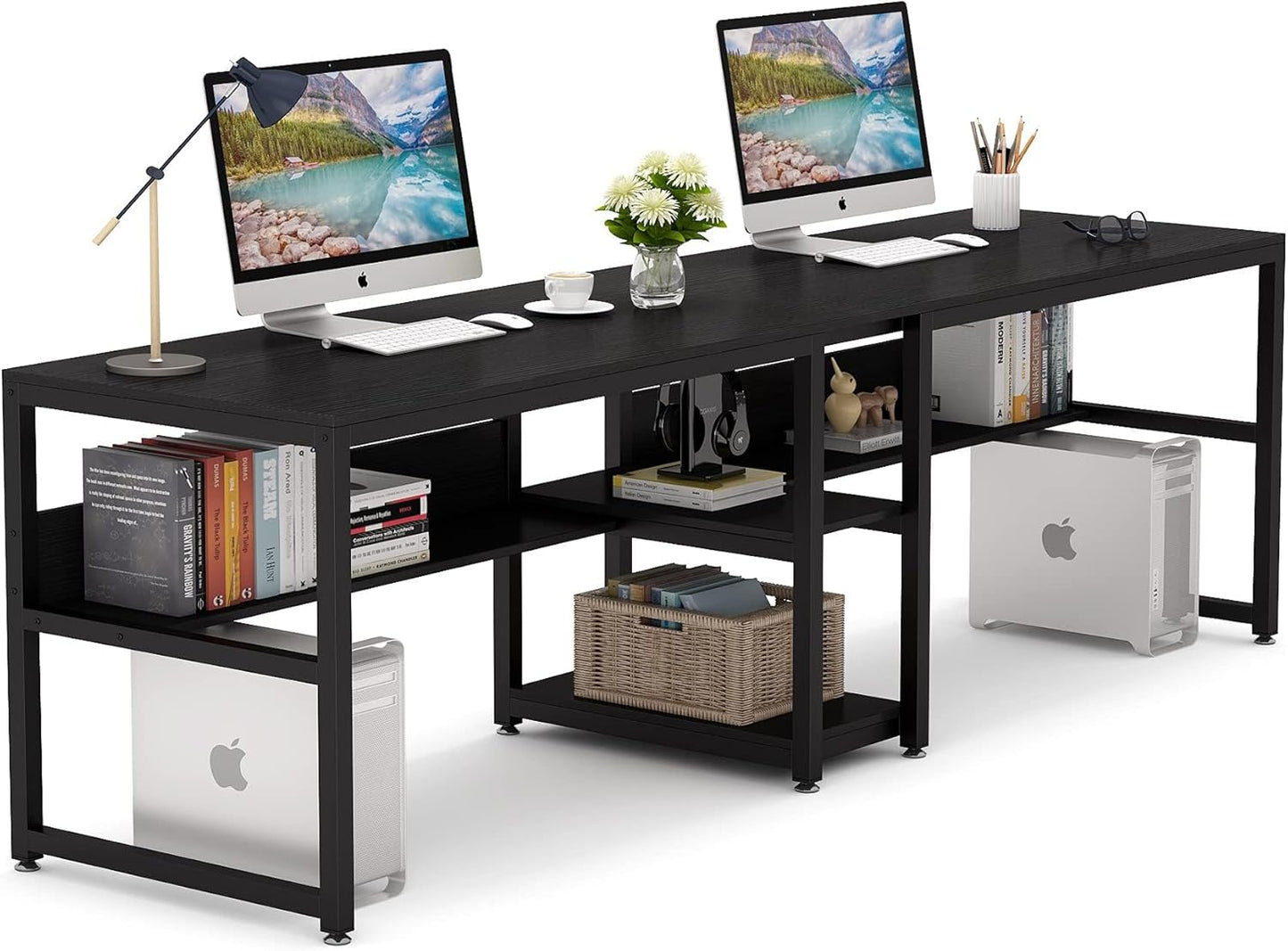 Tribesigns Two Person Desk with Bookshelf, 78.7 Computer Office Double Desk for Two Person, Rustic Writing Desk Workstation with Shelf for Home Office (Black)