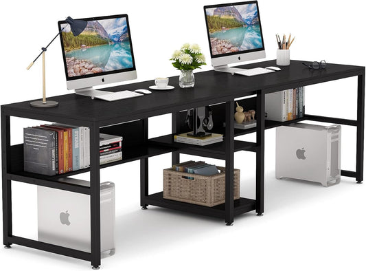 Tribesigns Two Person Desk with Bookshelf, 78.7 Computer Office Double Desk for Two Person, Rustic Writing Desk Workstation with Shelf for Home Office (Black)