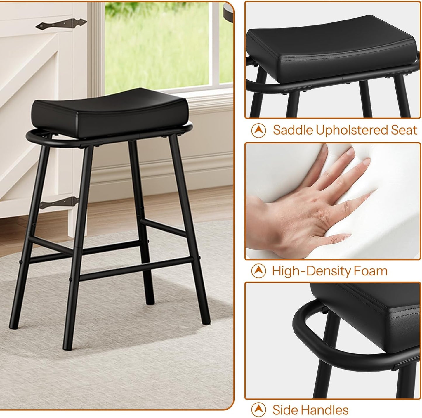 HOOBRO Bar Stools, Set of 2 Bar Chairs, 24” Barstools for Kitchen Counter, PU Upholstered Barstools, Kitchen Stools with Armrest and Footrests, Backless, for Kitchen, Dining Room, Black BB40MDP201