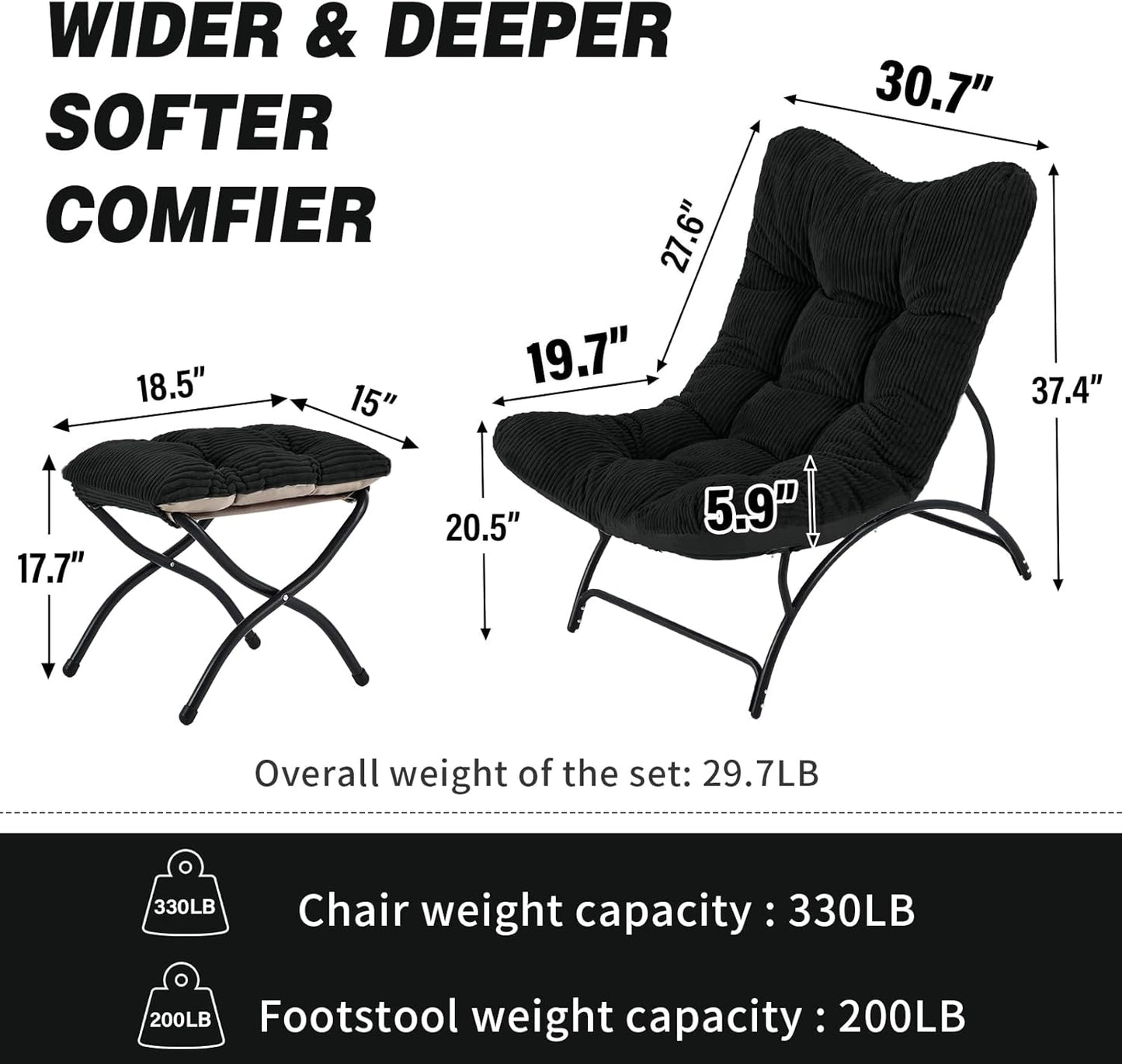 Welnow Accent Chair with Ottoman, Lounge Comfy Soft Leisure Metal Frame Reading Chair with Footrest, Upholstered Thick Cushion Seated Recliner Sofa for Living Room, Bedroom, Dorm, Black