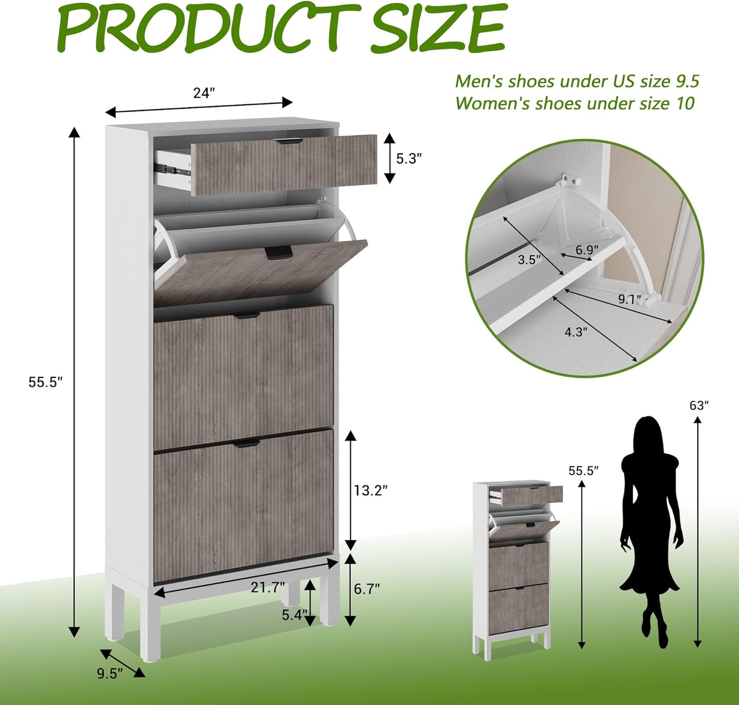 GarveeHome Shoe Cabinet with 3 Flip Doors & 1 Drawer, Entrance Wooden Shoe Rack with Iron Legs, Slim Shoe Storage Cabinet, Modern Fluted Shoe Organizer for Entryway Hallway, White+Grey
