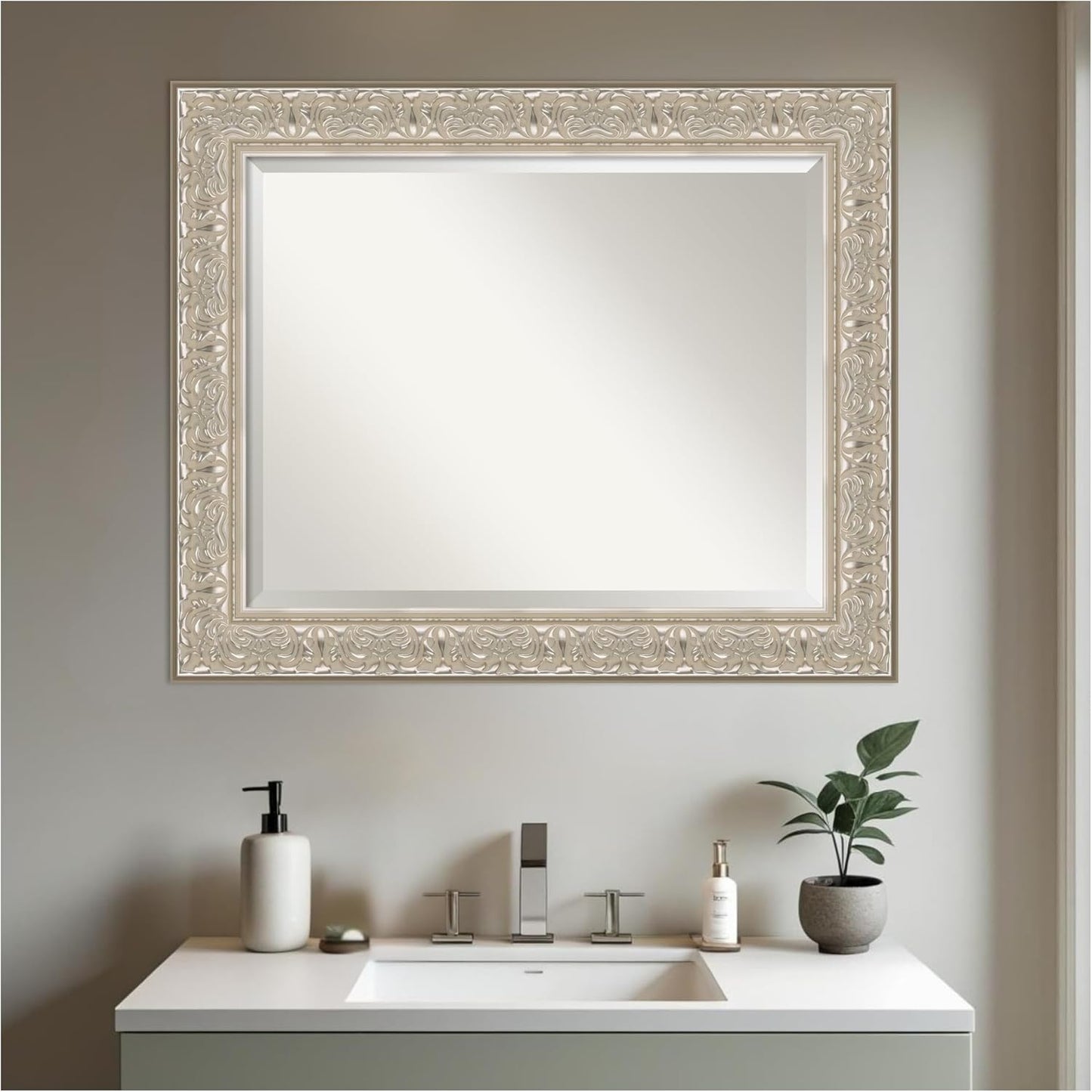 Amanti Art Silver Bathroom Mirror for Over Sink, 29x35 Luxe Silver Cream Rectangle Vanity Mirror, Large Traditional Frame, Hangs Horizonally and Vertically, Bathroom Wall Decor, Beveled Edge