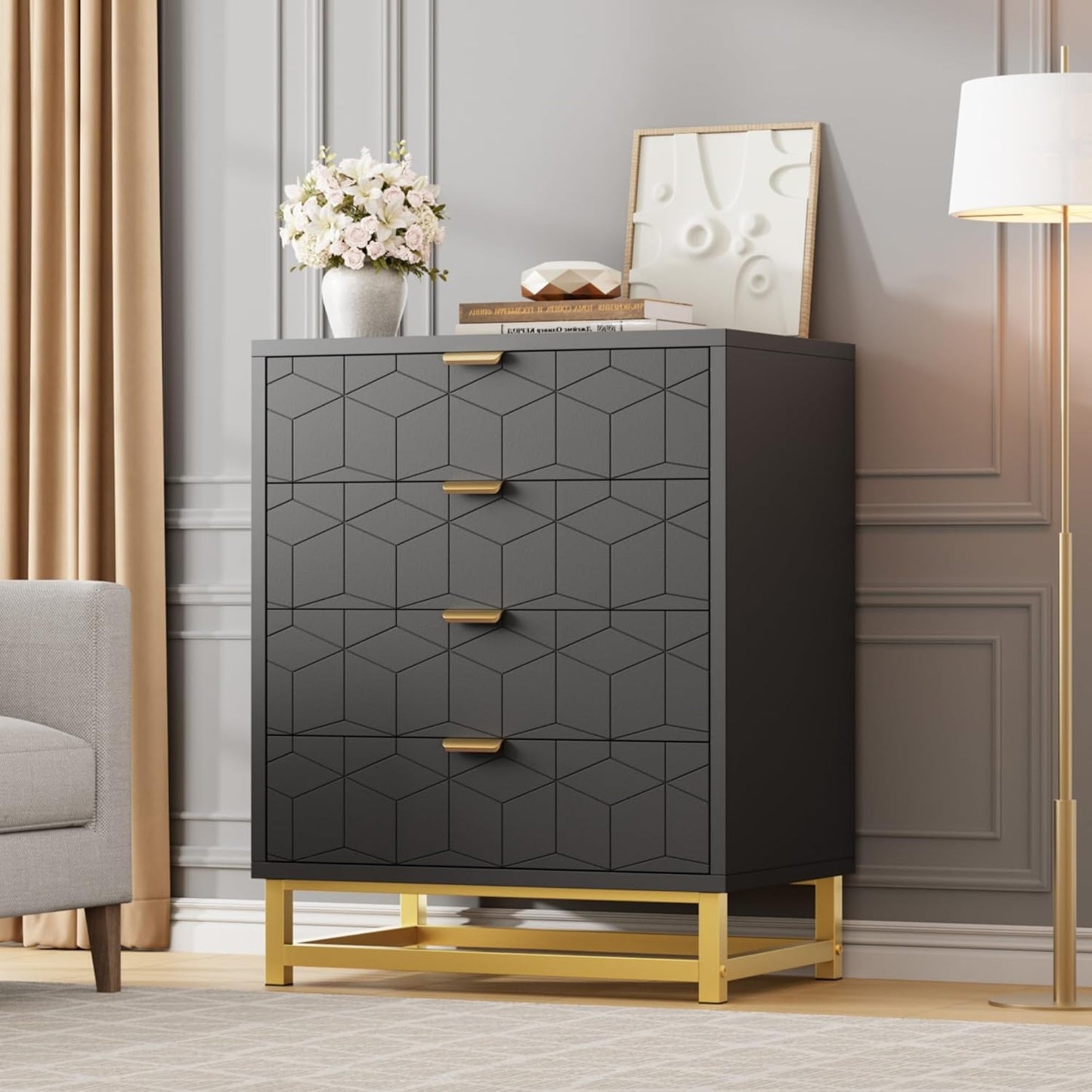 GAOMON Black Dresser, 4 Drawer Dresser for Bedroom, Wood Chest of Drawers, Modern Dressers with Gold Metal Handles for Living Room, Hallway, Entryway