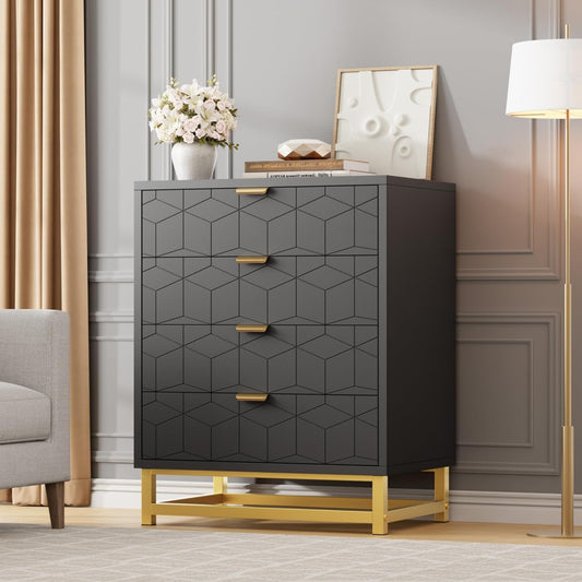 GAOMON Black Dresser, 4 Drawer Dresser for Bedroom, Wood Chest of Drawers, Modern Dressers with Gold Metal Handles for Living Room, Hallway, Entryway