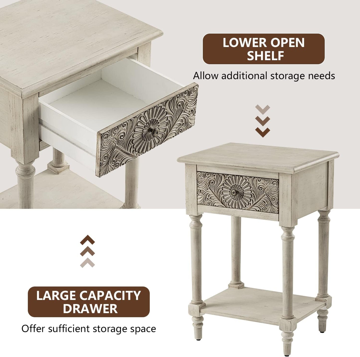 COSIEST Vintage Nightstand, MDF 2-Tier Bedside Table, Wood Accent End Table with Storage Drawer and Open Display Shelf for Bedroom Living Room