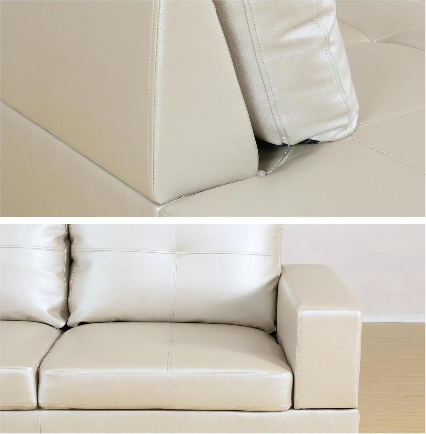 L-Shaped Sectional Sofa with Ottoman, Right-Facing Leather Modern Couch with Cup Holder for Living Room, Bedroom, Office, Glistening White
