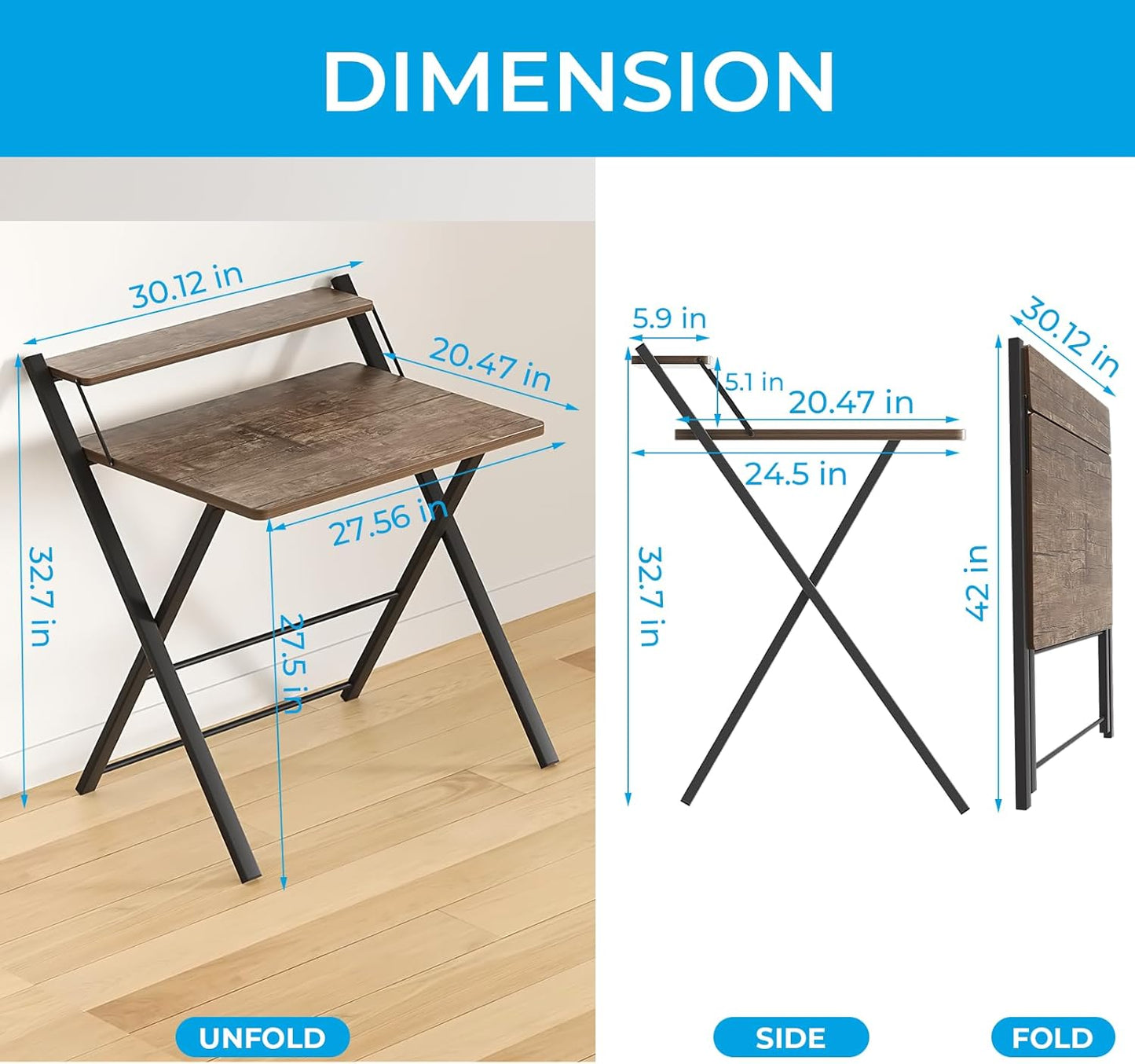 GreenForest No Assembly Folding Desk, 2-Tier Compact Computer Desk with Shelf, 30 inch Space Saving Foldable Table for Home Office, Dorm or Apartment, Portable Collapsible Sturdy Laptop Desk, Brown