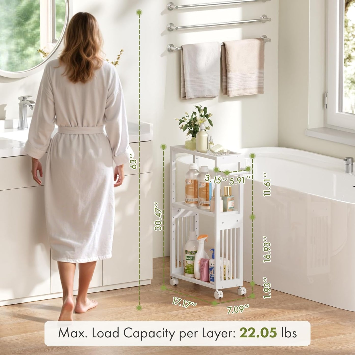 AmazerBath White Toilet Paper Holder Storage - 3 Tier Bamboo Mobile Storage Shelf, Small Bathroom Rolling Storage Cabinet Corner, Thin Shelf for Narrow Spaces on Wheels, Slim Bathroom Organizer, White