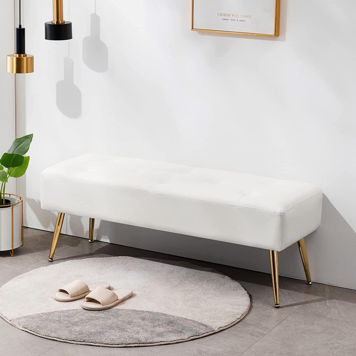 Furniliving Modern PU Leather Benches, Upholstered Tufted Leather Bedroom Ottoman 44" Ottoman Bench with X-Shaped Metal Legs for Makeup Room, Solid Bed Bench for Foyer, IvoryWhite