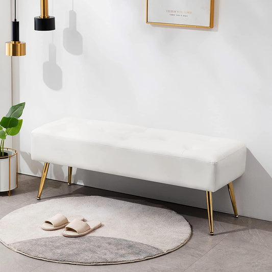 Furniliving Modern PU Leather Benches, Upholstered Tufted Leather Bedroom Ottoman 44" Ottoman Bench with X-Shaped Metal Legs for Makeup Room, Solid Bed Bench for Foyer, IvoryWhite