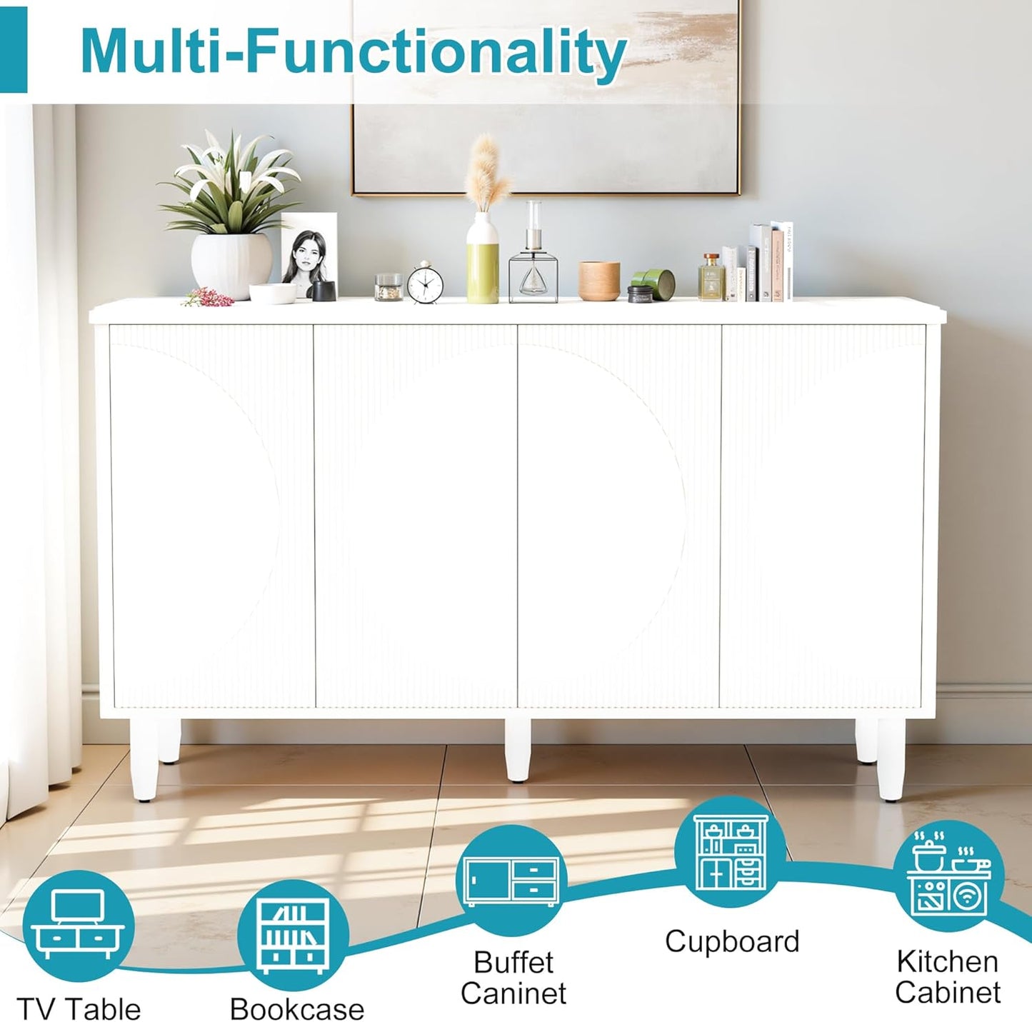 59.4" Sideboard Buffet Cabinet with Storage, Kitchen Buffet Storage Cabinet with Doors & Shelves, Modern Sideboard for Living Room, Kitchen, Hallway, White