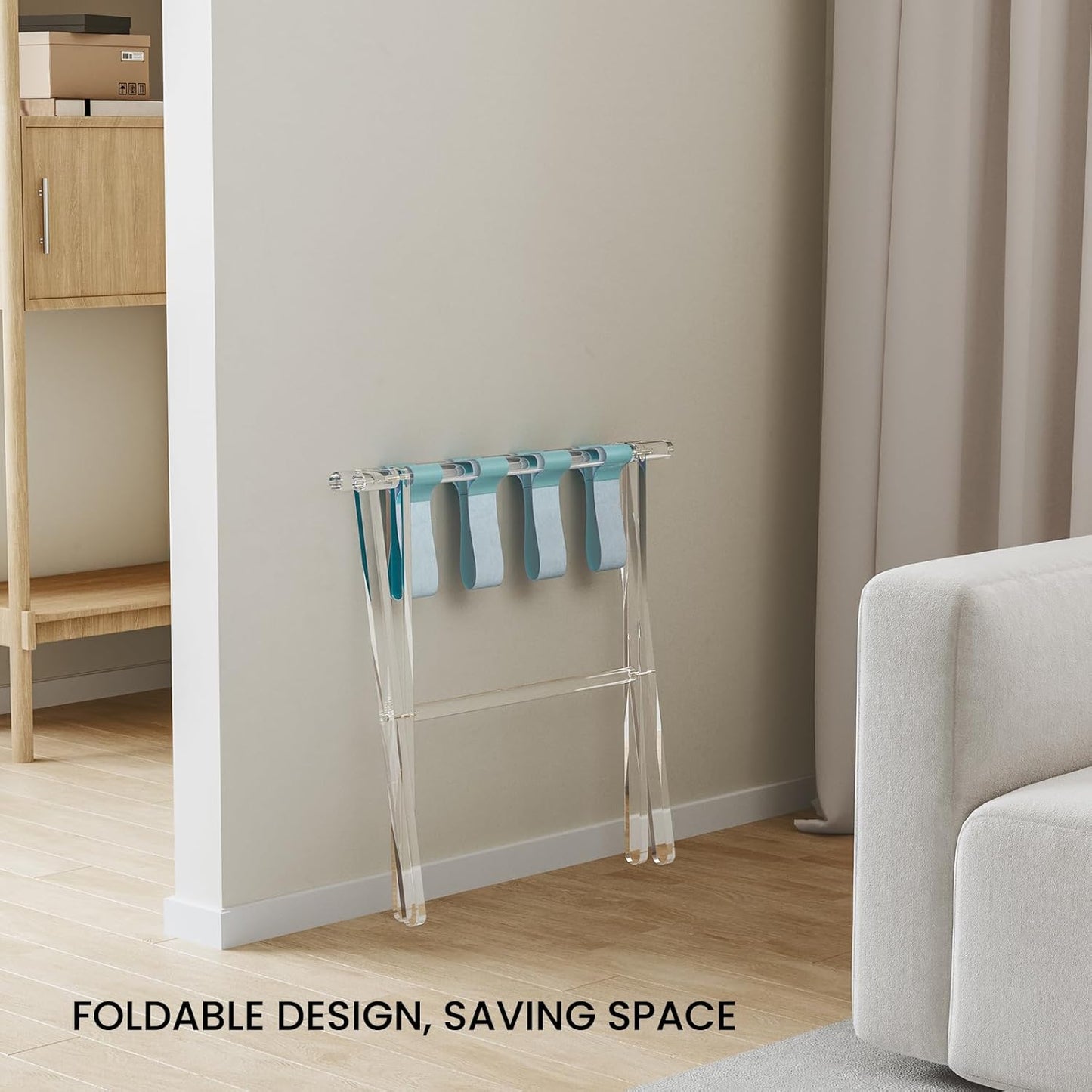 Sumerflos Acrylic Luggage Rack for Guest Room - Foldable Suitcase Stand with Leather Straps for Bedroom Living Room Hotel Heavy-Duty, Holds up to 50-100 lb lightweight Space Saving (Blue & Handle - 1 Pcs)