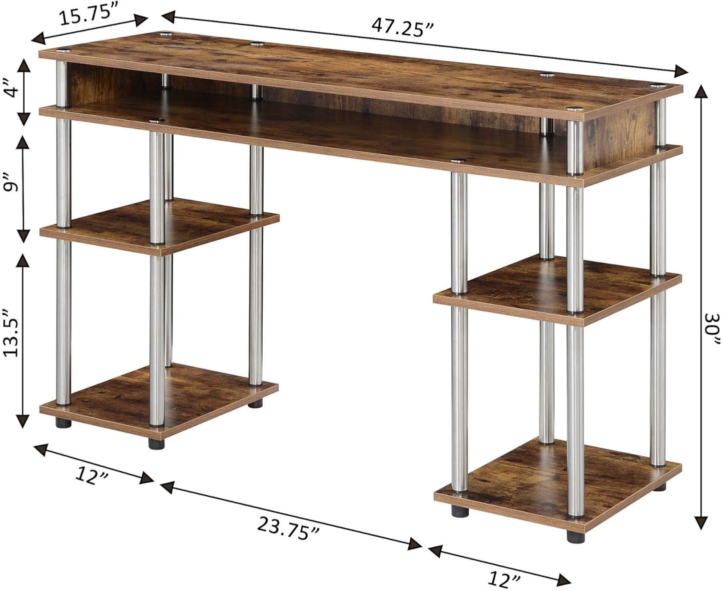 Convenience Concepts Designs2Go No Tools Desk Home Office Desk with Shelves, Corner Shelf Vanity Desk Computer Desk Nail Table for Nail Tech - 47.25" L x 15.75" W x 30" H, Barnwood