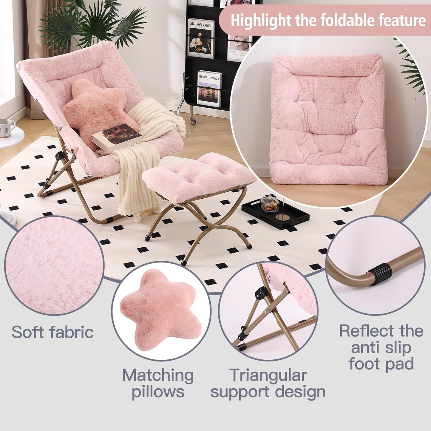 Welnow Comfy Saucer Chair with Ottoman, Oversized Folding Reading Chair for Adults with Throw Pillow Soft Faux Fur Lounge Chair for Bedroom Furry Accent Chair for Living Room, Dorm Rooms, Pink