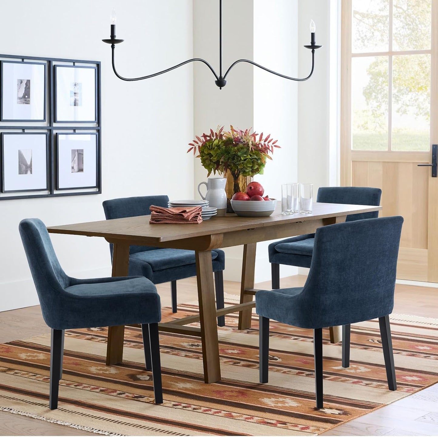 COLAMY Modern Dining Chairs Set of 4, Upholstered Corduroy Accent Side Leisure Chairs with Mid Back and Wood Legs for Living Room/Dining Room-Blue