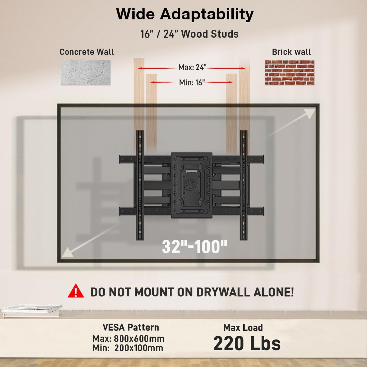 TV Wall Mount for 32"-100" up to 220 lbs, USX MOUNT Full Motion TV Mount with Swivel Tilt Dual Articulating Arms, Pre-Assembled Universal Wall Bracket, Max VESA 800x600mm, 12″-24″ Wood Studs