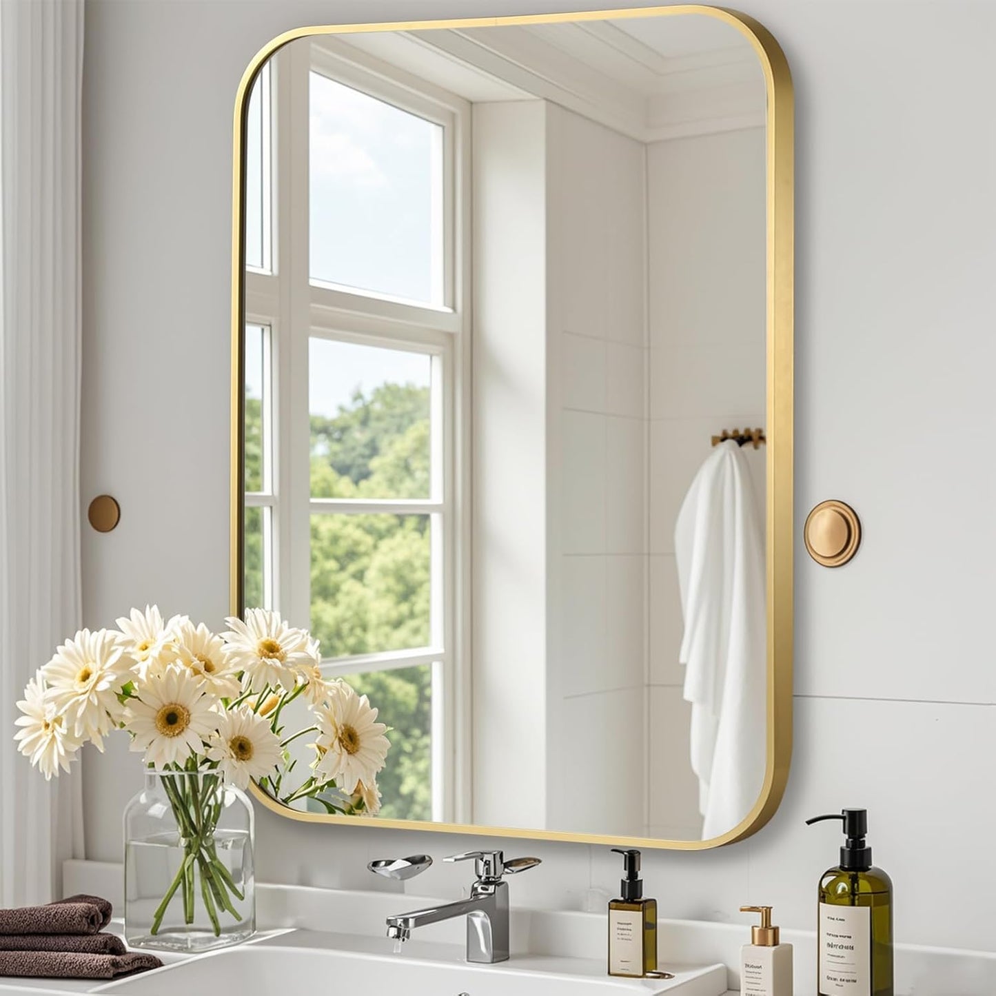 Brushed Gold Mirror, 30"x36" Rectangle Bathroom Mirror, Metal Frame Rectangle Corner Vanity Mirror, Wall Mounted Mirror for Modern, Living Room, Bedroom, Horizontal Or Vertical