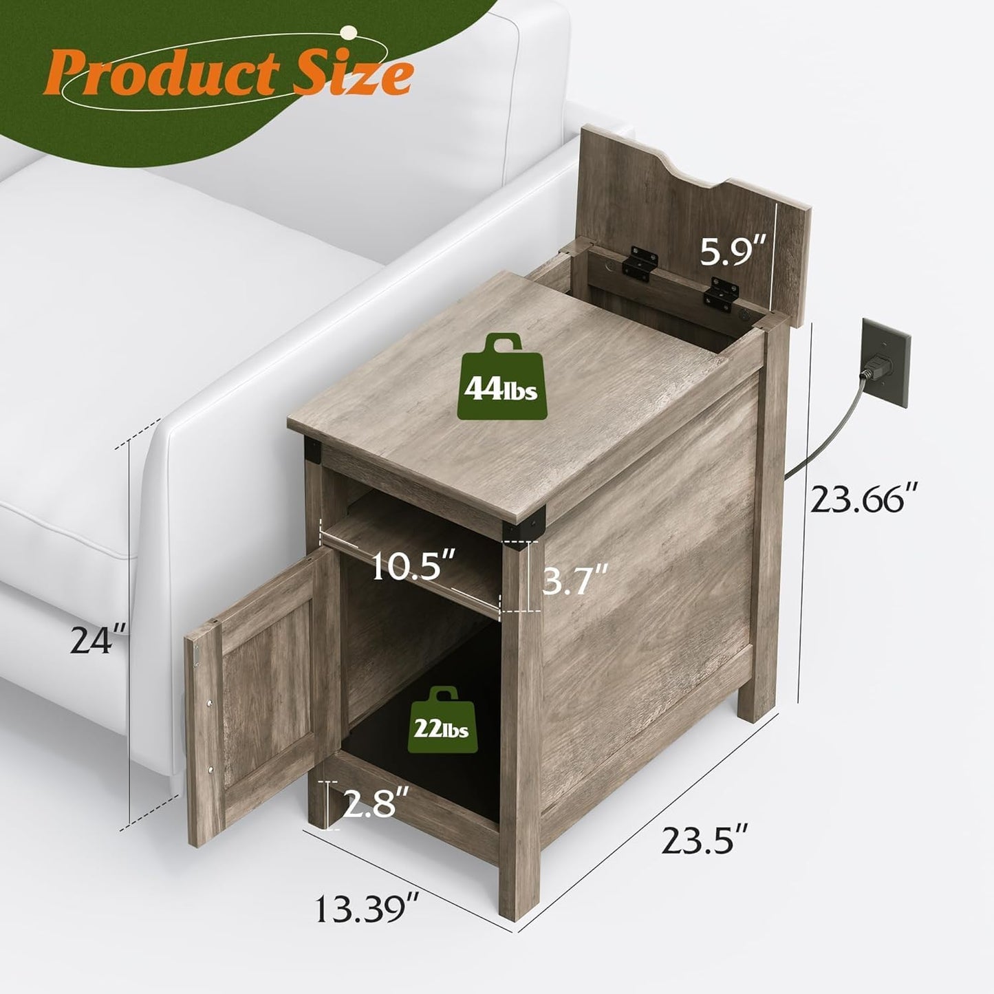 WLIVE Farmhouse End Table Set of 2 with Charging Station, Narrow Side Tables Living Room, Bedroom, Couch with USB Ports and Outlets, Wood Nightstand Sets with Storage, Greige