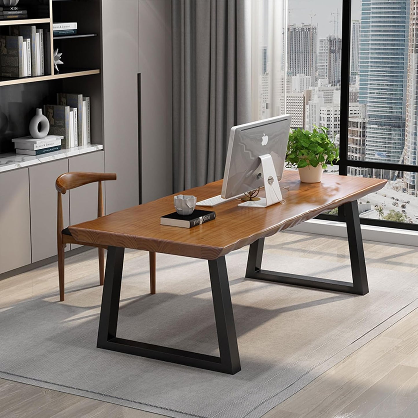 Solid Wood Administrative Computer Desk - Rustic Style Large Office Desk, Modern Minimalist Workstation for Home, Ideal for Learning, Writing, and Professional Use (Dark Yellow, 55.12in)