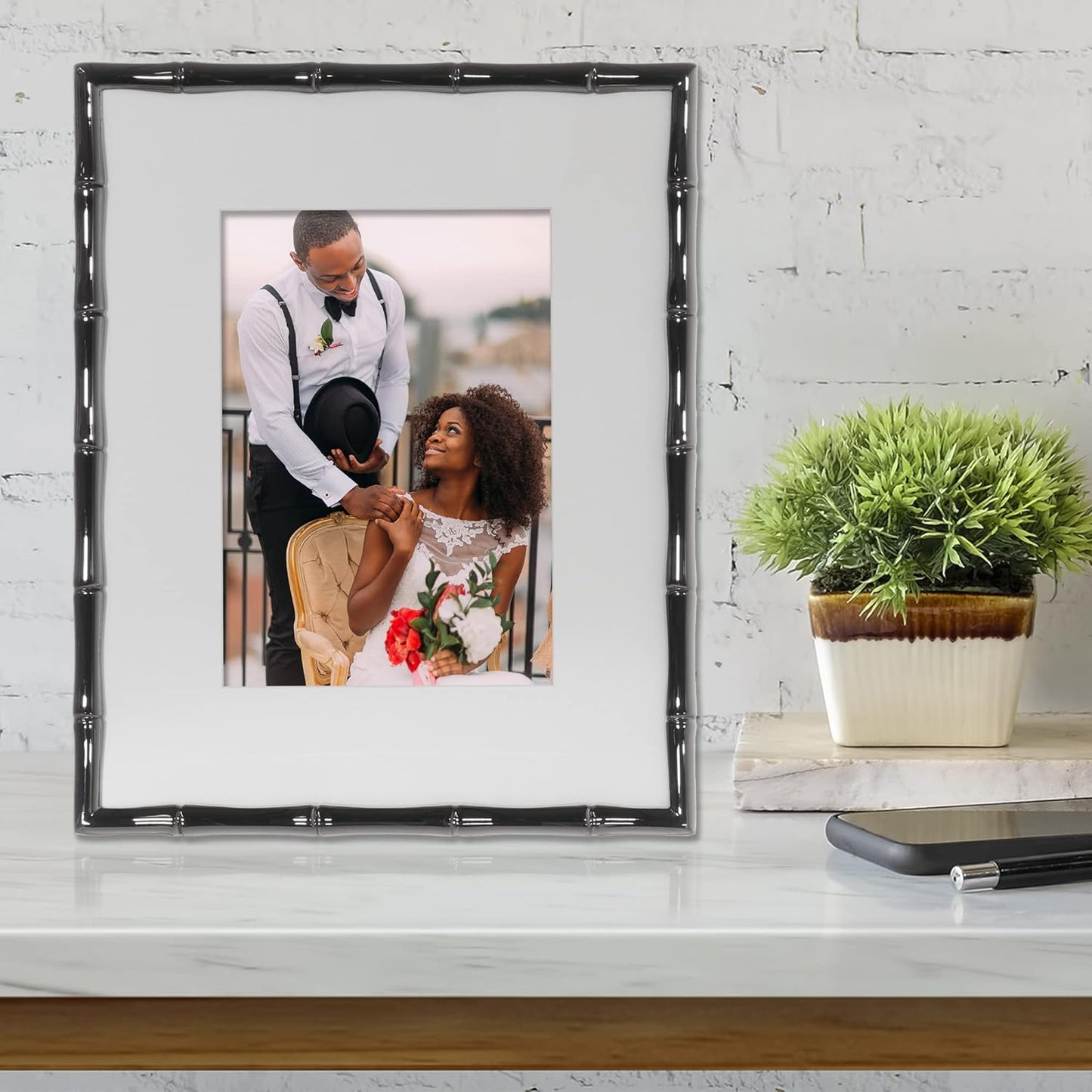 Lawrence Frames 8x10 Black Polished Metal Picture Frame with Bamboo Design, or 5x7 with Included Mat