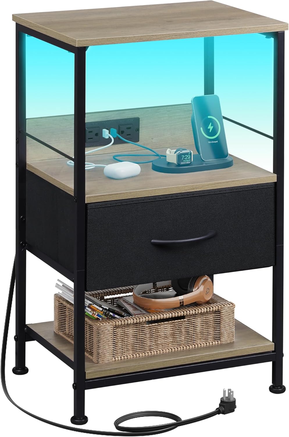 WLIVE LED Nightstand, Night Stand with Charger Station, Bedside Table with Fabric Drawer and Adjustable Open Shelves, Small End Side Tables for Bedroom, Grey