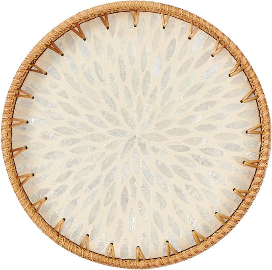 Round Rattan Tray with Mother of Pearl Inlay, Rattan Serving Tray with Wooden Base, Decorative Wicker Basket for Table Decor, Storage and Display of Coffee Bread Food Fruit (Leaf 2)