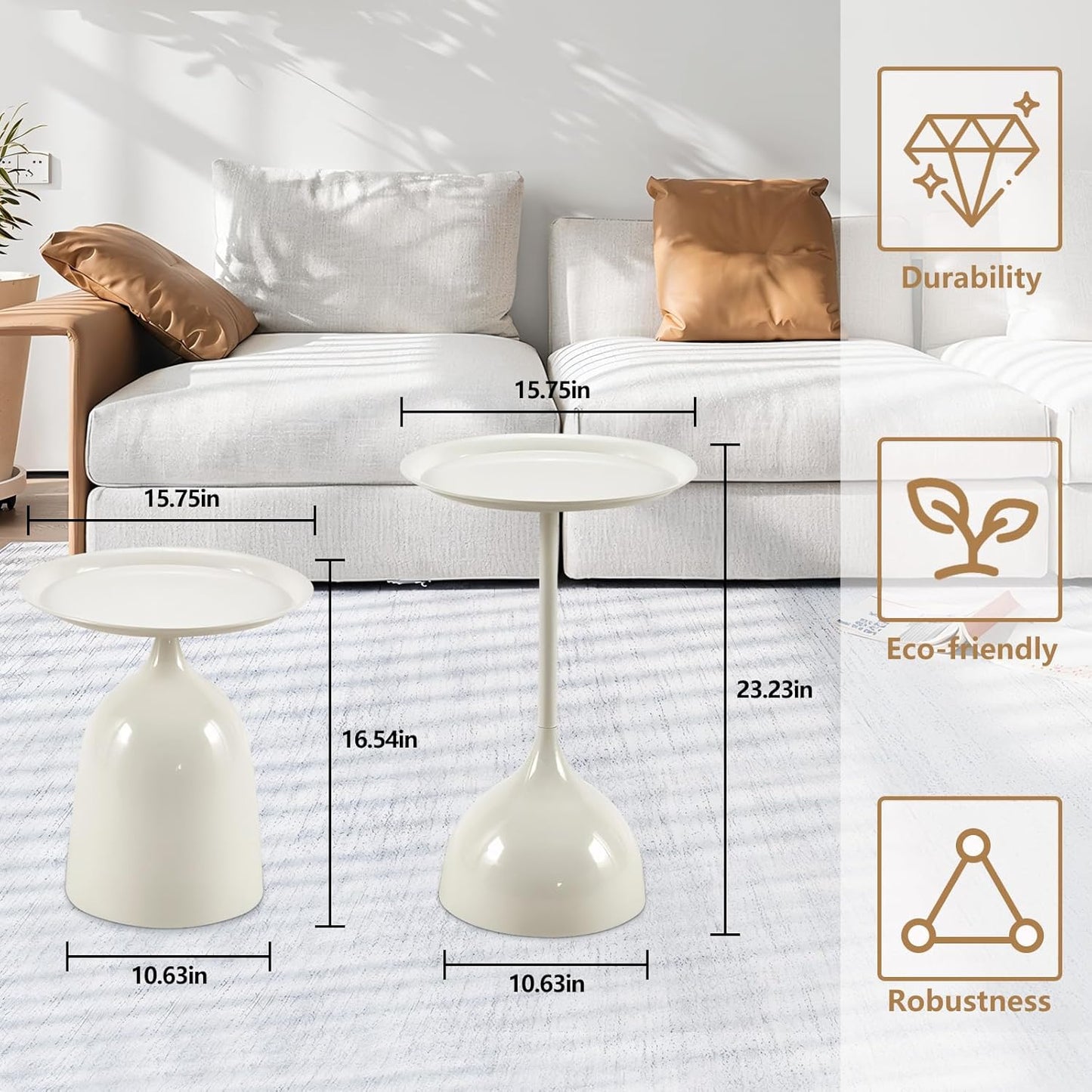 Kelligo Side Table Set of 2, Round Side Table with Screw Connections, Small End Tables for Narrow Areas, Small Tables for Living Rooms, Bedrooms, Cafeterias and Outdoors, White