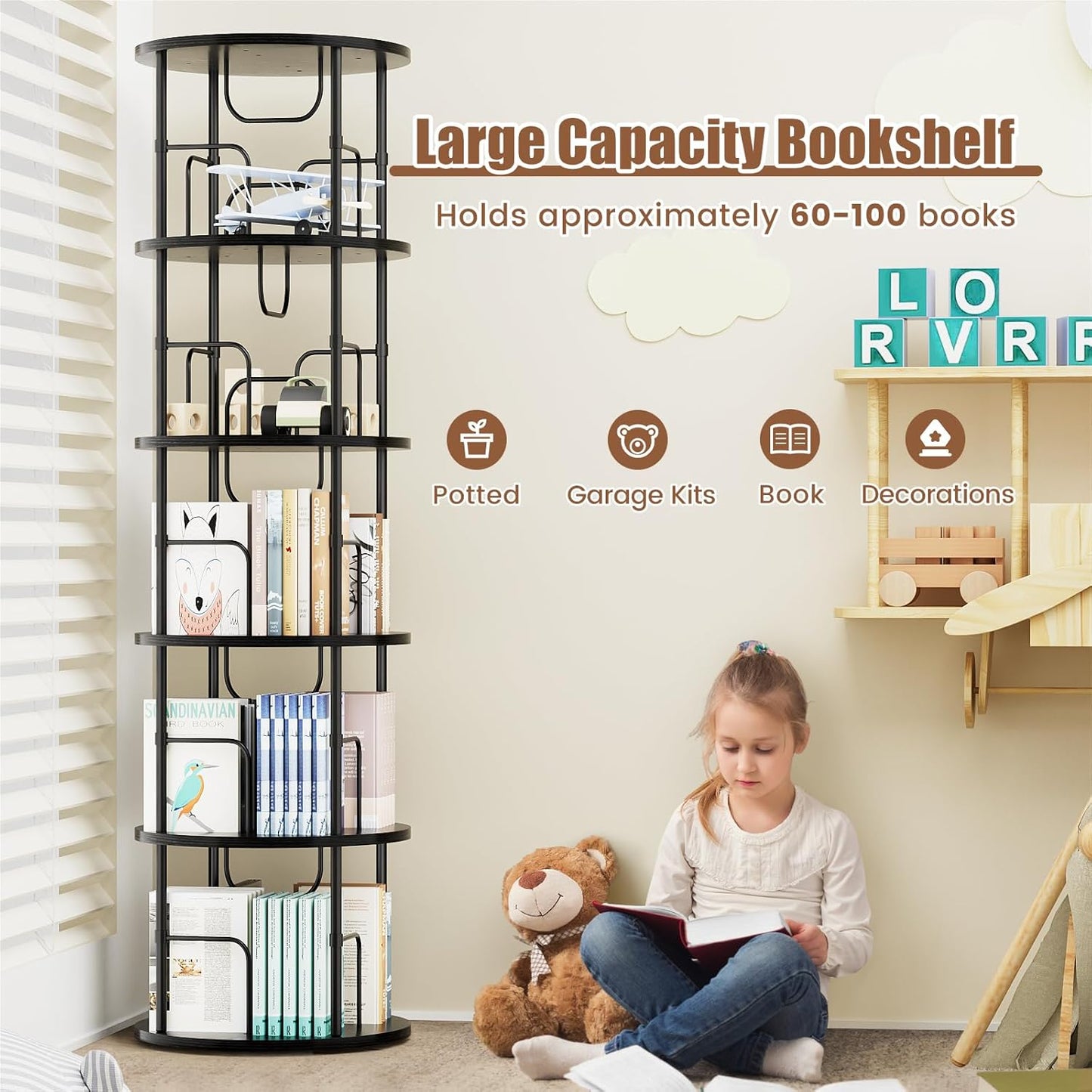5 Tier Rotating Bookshelf, 360 ° Display Stackable Spinning Bookshelf Tower, Corner Bookshelf Tall Floor Standing Swivel Bookcase Narrow Storage Organizer for Bedroom, Living Room, Black