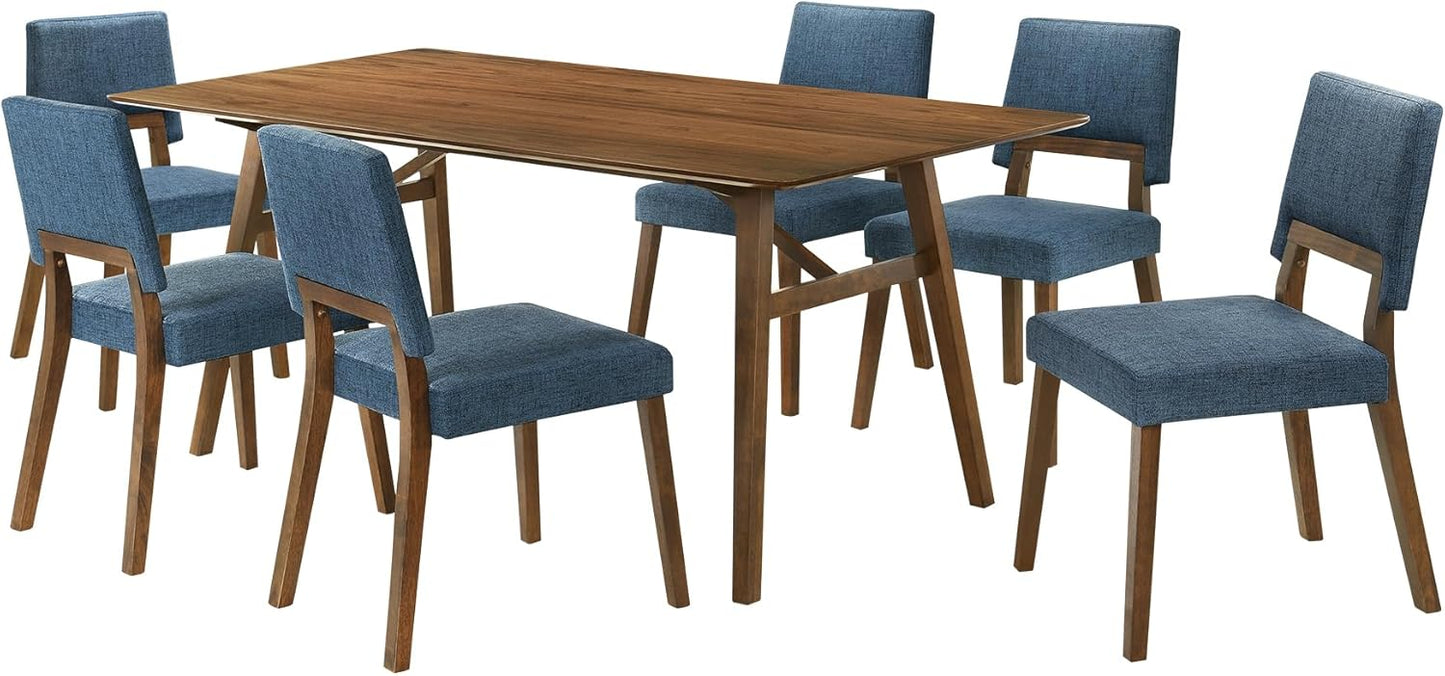 Armen Living Channell Mid Century Modern 7 Piece Walnut Wood Dining Table Set with Blue Fabric