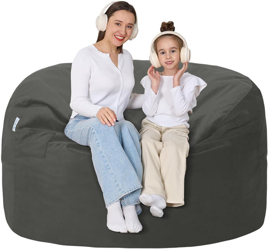 4FT Bean Bag Chair with Ultra Soft Velvet Cover Bean Bag Sofa with Memory Foam Bean Bag Chairs with Large Size Lazy Sofa for Dorm Office Living Room Bedroom Grey 4'
