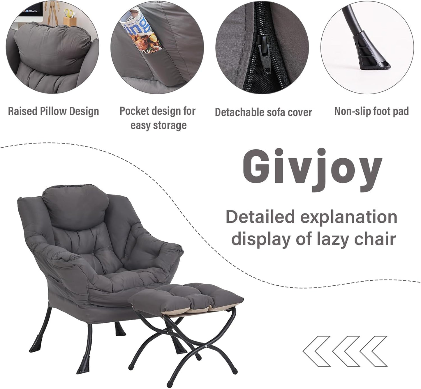 Lazy Chair and Ottoman, Large Accent Lounge Chair with Armrests and a Side Pocket, Modern Leisure Upholstered Sofa Reading Armchair with Footrest for Bedroom, Living Room, Dorm Rooms, Office