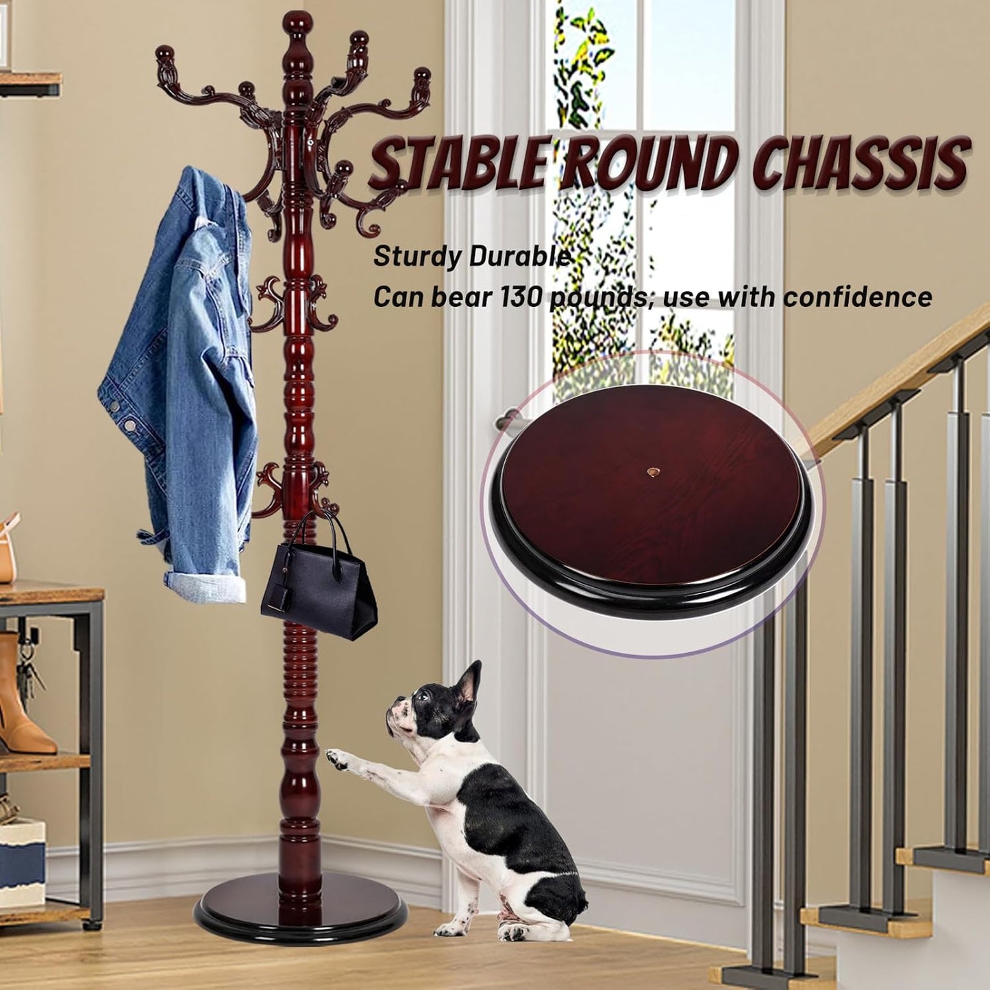 73 in Wood Coat Rack, Coat Rack Freestanding with Stable Round Base, Adjustable Height Tree Coat Racks Stand for Home Bedroom Office Hallway Entryway (Redwood)