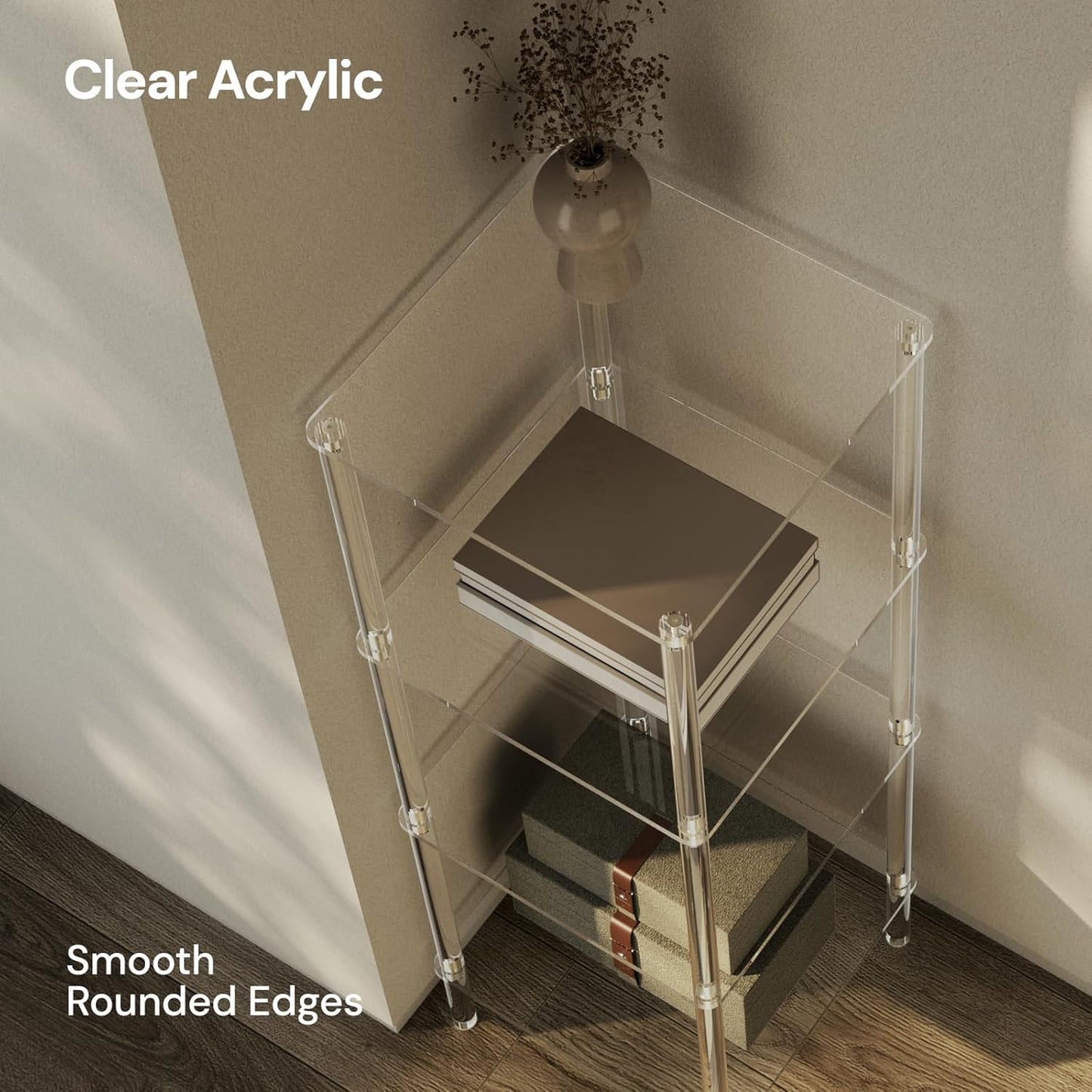 4 Tier Square Acrylic Bookshelf, Small Bookcase with Acrylic Fittings for Fixing to Wall, Corner Display Shelf for Living Room, Bedroom, Bathroom, Small Spaces, Clear, 11.6'' W x 34'' H