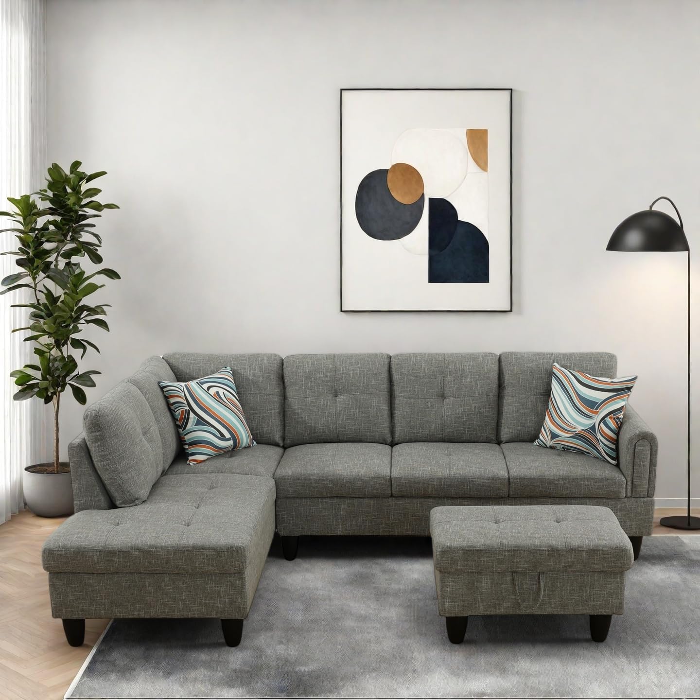 Modern Living Room Furniture Sets with Pillows, Modular Sectional Couches with Chaise Lounge, 4-Seaters L Shape Sofa with Storage Ottoman, for Living Room, Grey