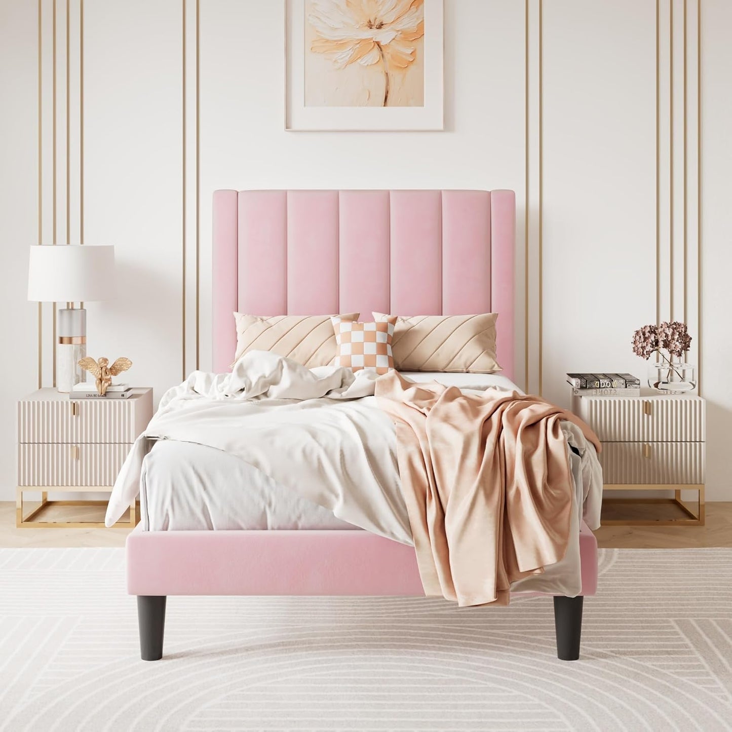 SHA CERLIN Twin Bed Frame/Velvet Upholstered Platform Bed Frame with Headboard/Strong Wood Slats Support/Mattress Foundation/No Box Spring Needed - Pink