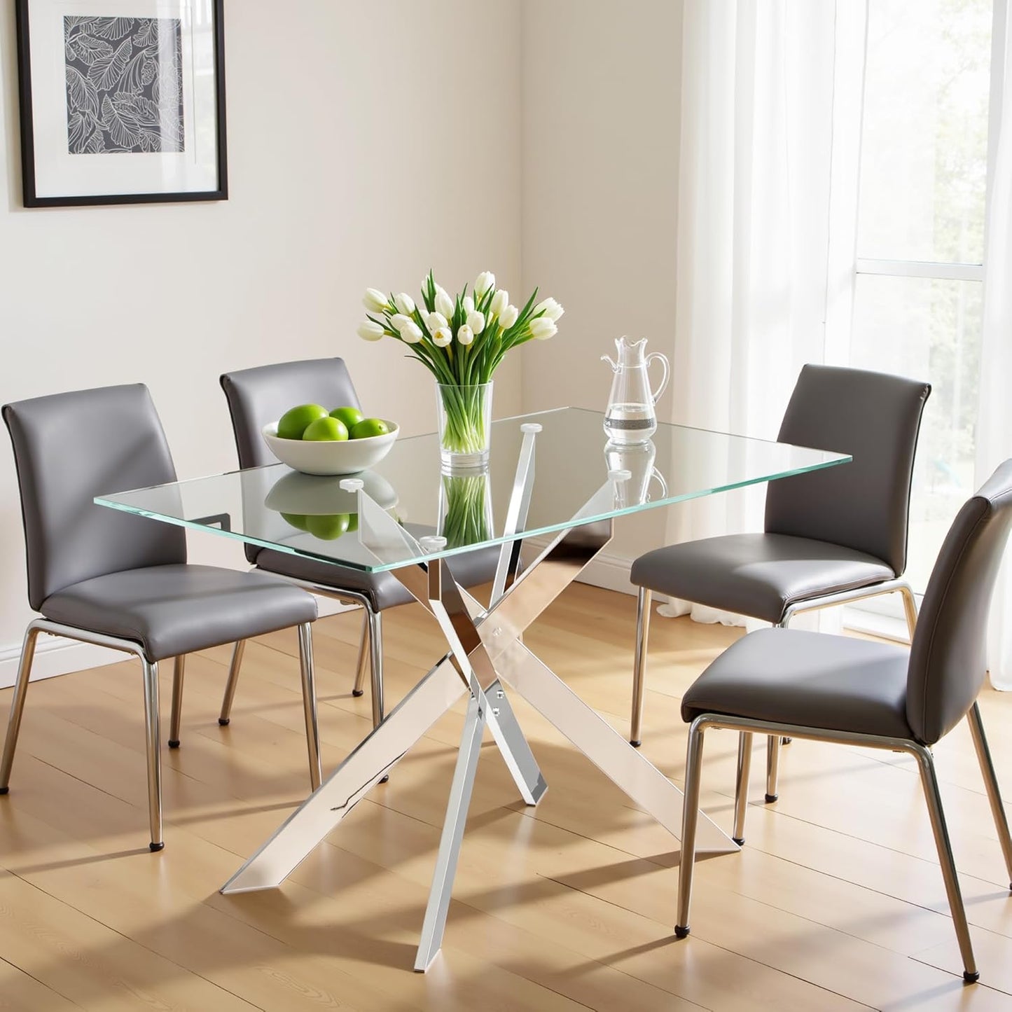 Dining Table for 4 Modern 47.2" Rectangular Glass Dining Table Kitchen & Dining Room Tables with Metal Base for Dining Room and Apartment, Silver