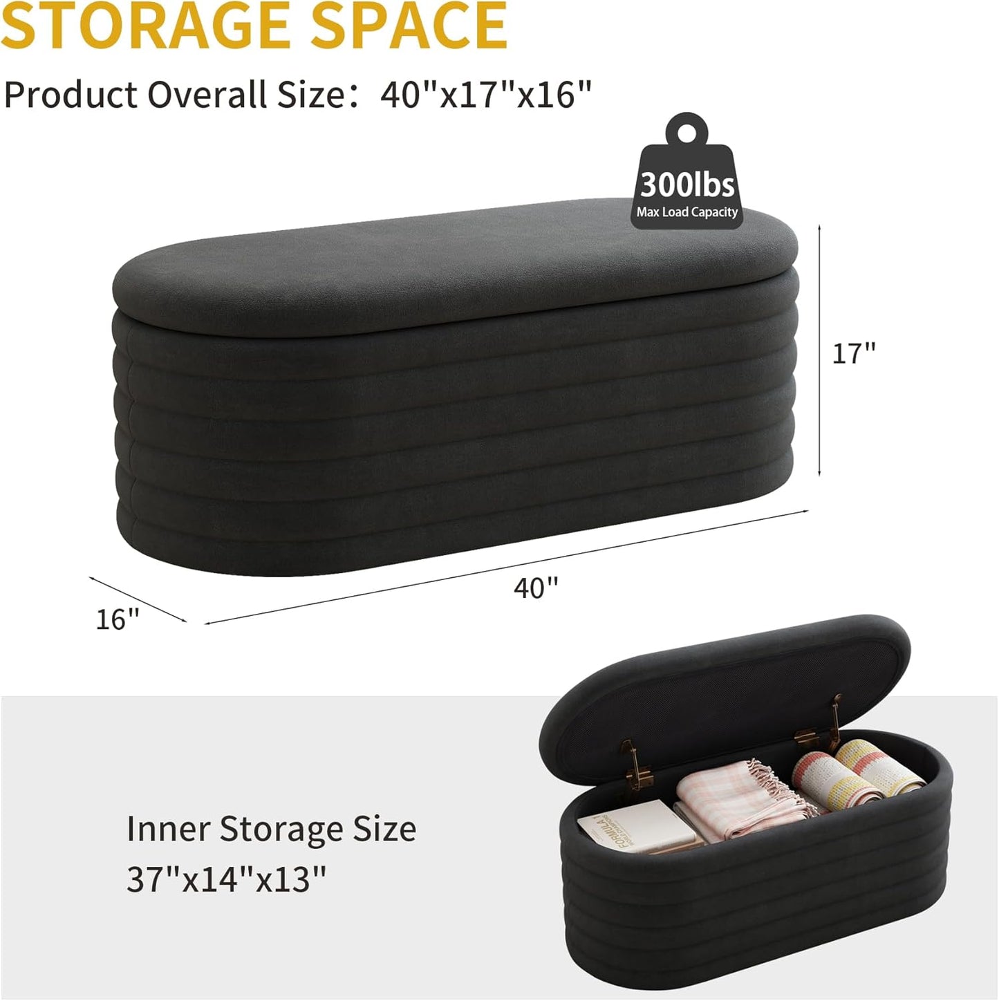 Storage Ottoman Bench 40 inch Upholstered Chenille Fabric Storage Bench for Bedroom End of Bed Stool Aesthetic Large Storag Ottoman for Living Room Entryway,Black