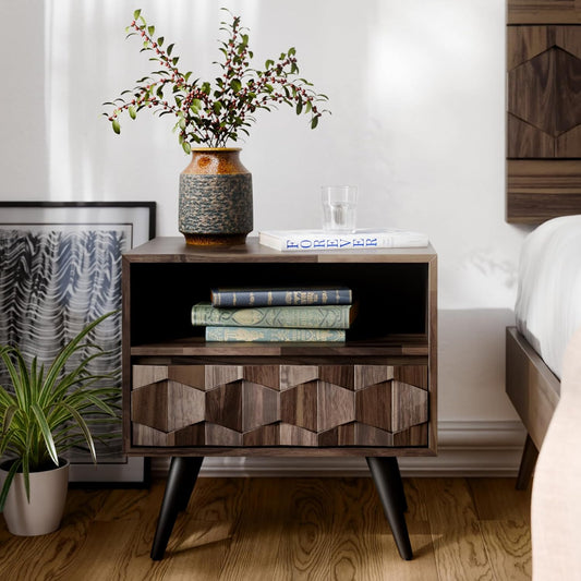 Bme Georgina Solid Wood Nightstand with 1 Drawer & Open Shelf- Fully Assembled Mid Century Modern Side Table - Geometric Pattern Bedside Dresser for Bedroom and Living Room, Mocha