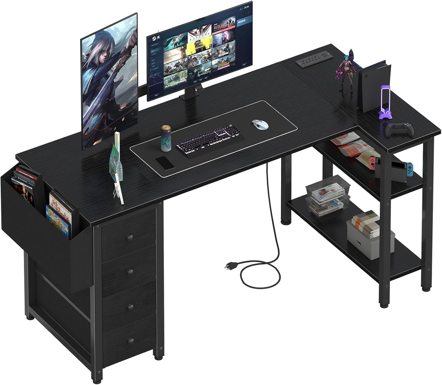 Lufeiya L Shaped Gaming Desk with Drawers & Storage Shelves, 55 Inch Corner Computer Desk with Power Outlet for Home Office Bedroom, L-Shaped Teen PC Desks with Fabric Drawer, Black