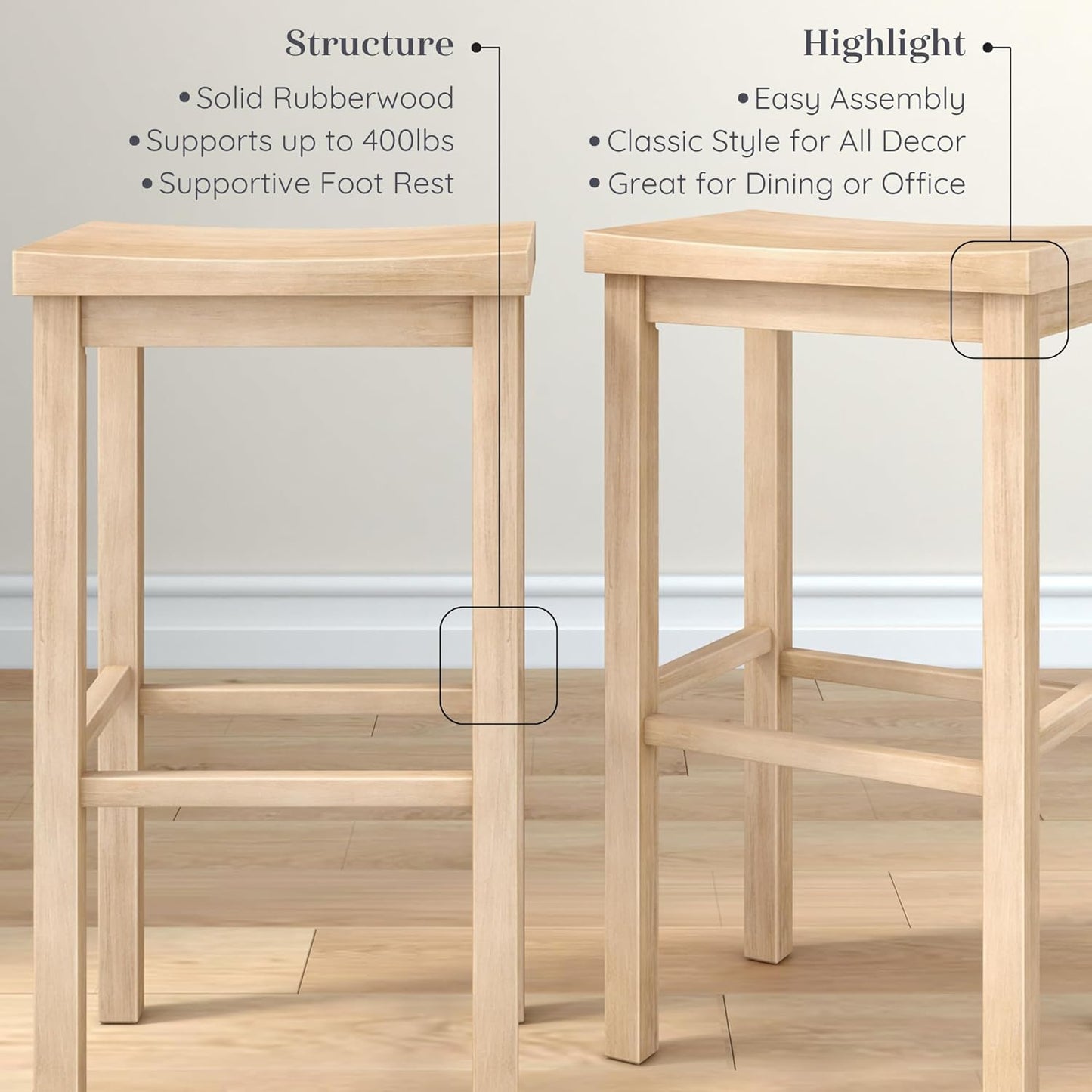 Grain & Grove Smith Collection Set of 2 Solid Wood Bar Stools, 30 inch Saddle-Seat Bar Chairs, Backless, Heavy-Duty Construction, Footrest Support, for Kitchen Islands, Home Bars, and Counters, Blonde