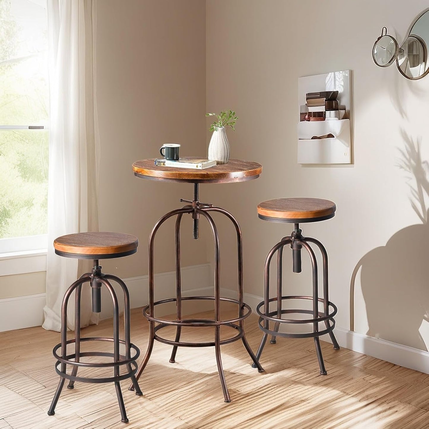 Vintage Bar Table Swivel Industrial Style Pub Table Kitchen Dining Tables Height Adjustable 37.4-45.3inch Coffee Table with Footrest