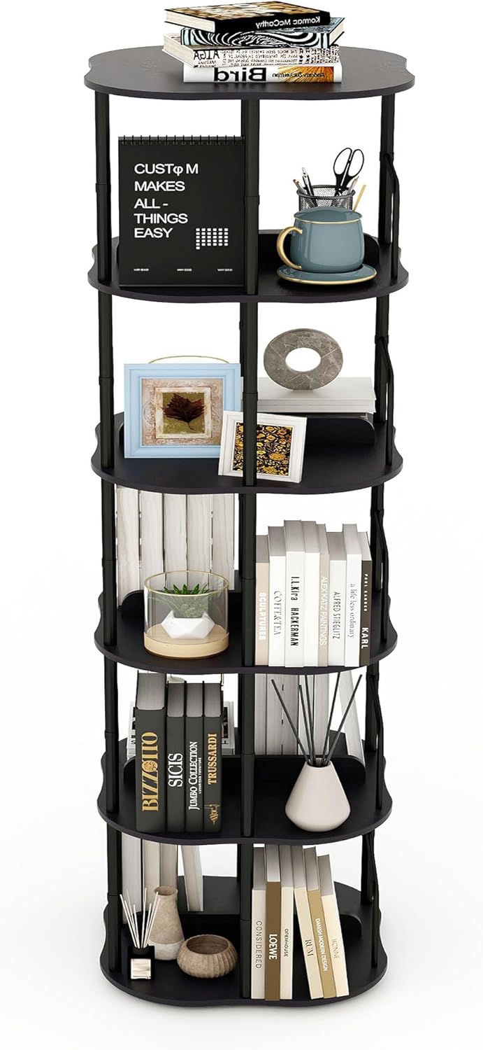 5-Tier Rotating Bookshelf, 360 ° Display Stackable Spinning Bookshelf Tower, Narrow Space Saving Tall Floor Standing Swivel Bookcase Corner Organizer for Bedroom, Living Room, Black