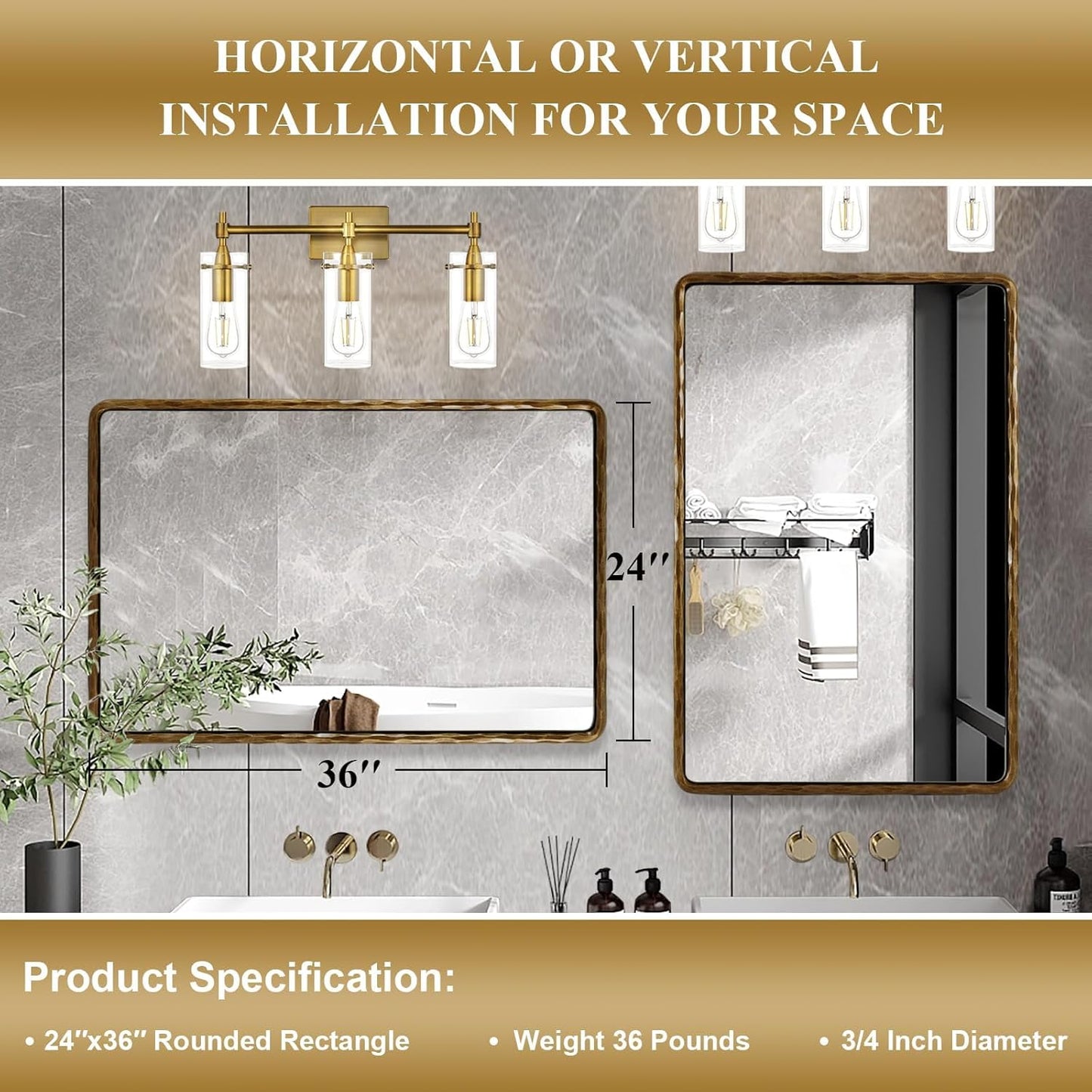 ANDY STAR Hand-Forged Gold Bathroom Mirrors for Wall, 24x36 Inch Vintage Solid Steel Metal Frame Bathroom Vanity Mirror, Antique Rounded Rectangle Wall Mirror, Hangs Horizontally or Vertically