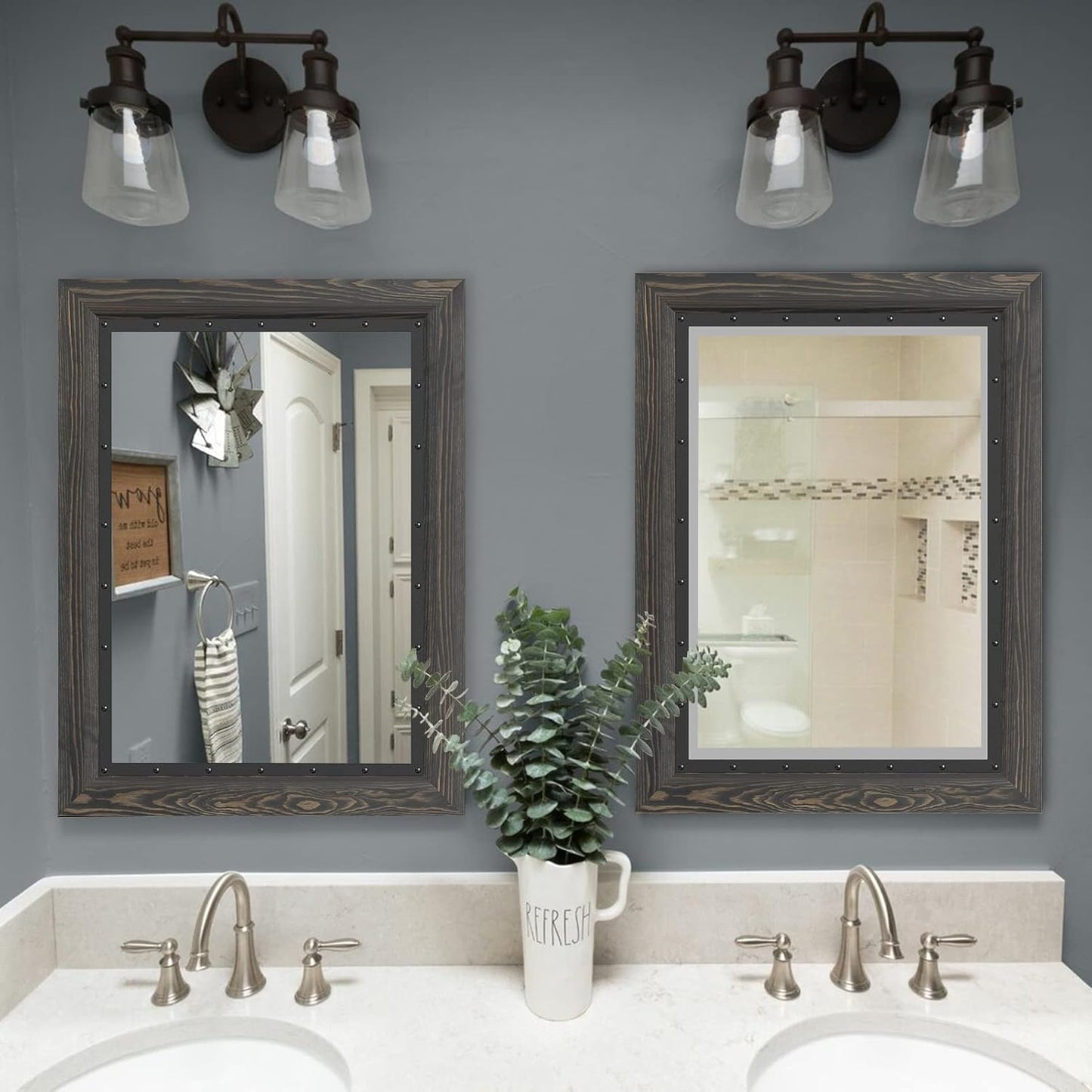 YOSHOOT Rustic Wooden Framed Wall Mirror, 32x24 Inch, Natural Wood and Iron Bathroom Vanity Mirror for Farmhouse Decor, Vertical or Horizontal Hanging