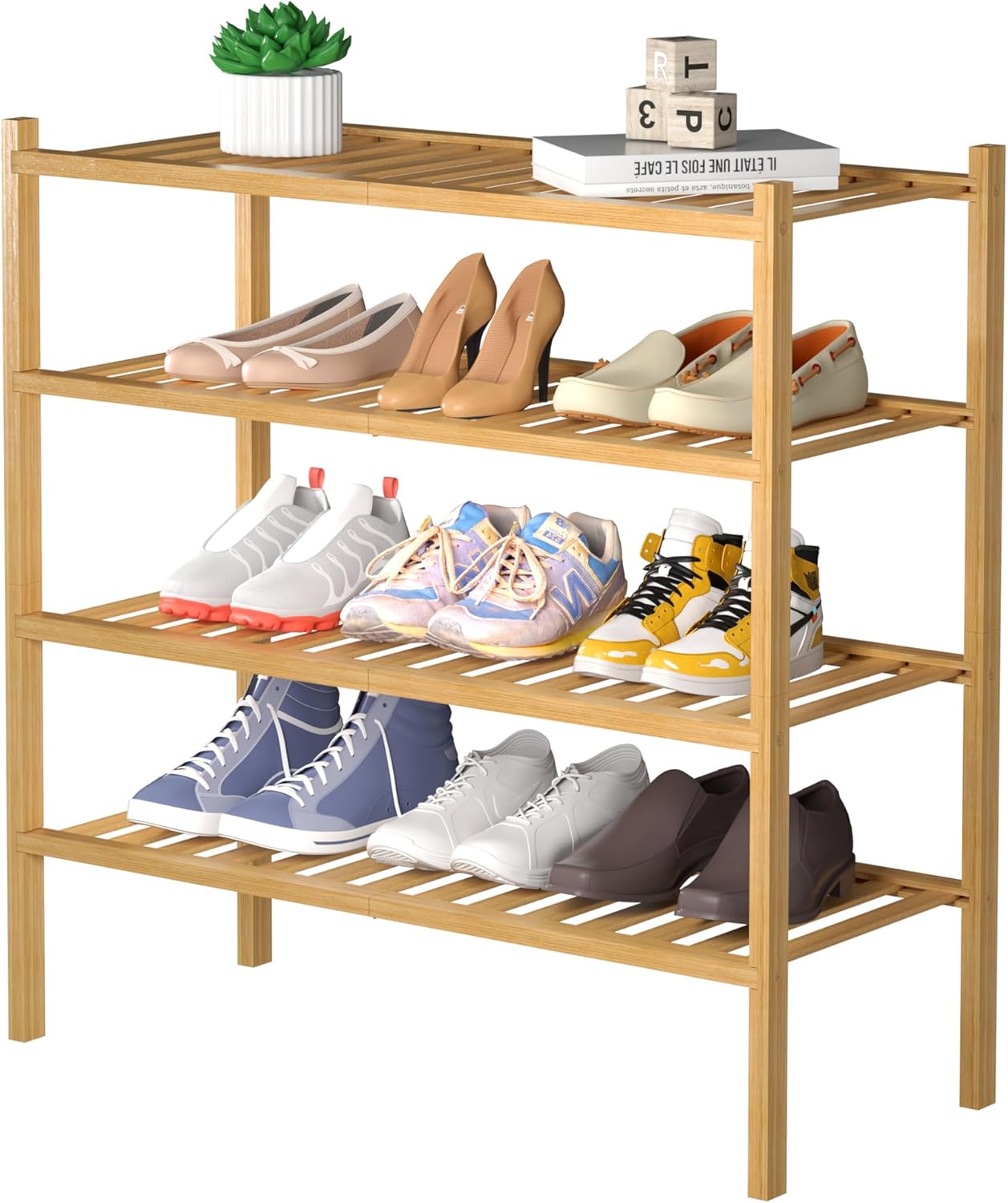 4 Tier Bamboo Shoe Rack for Closet Free Standing Wood Shoe Shelf for Entryway Small Space Stackable 27"x11"x26" (Natural)