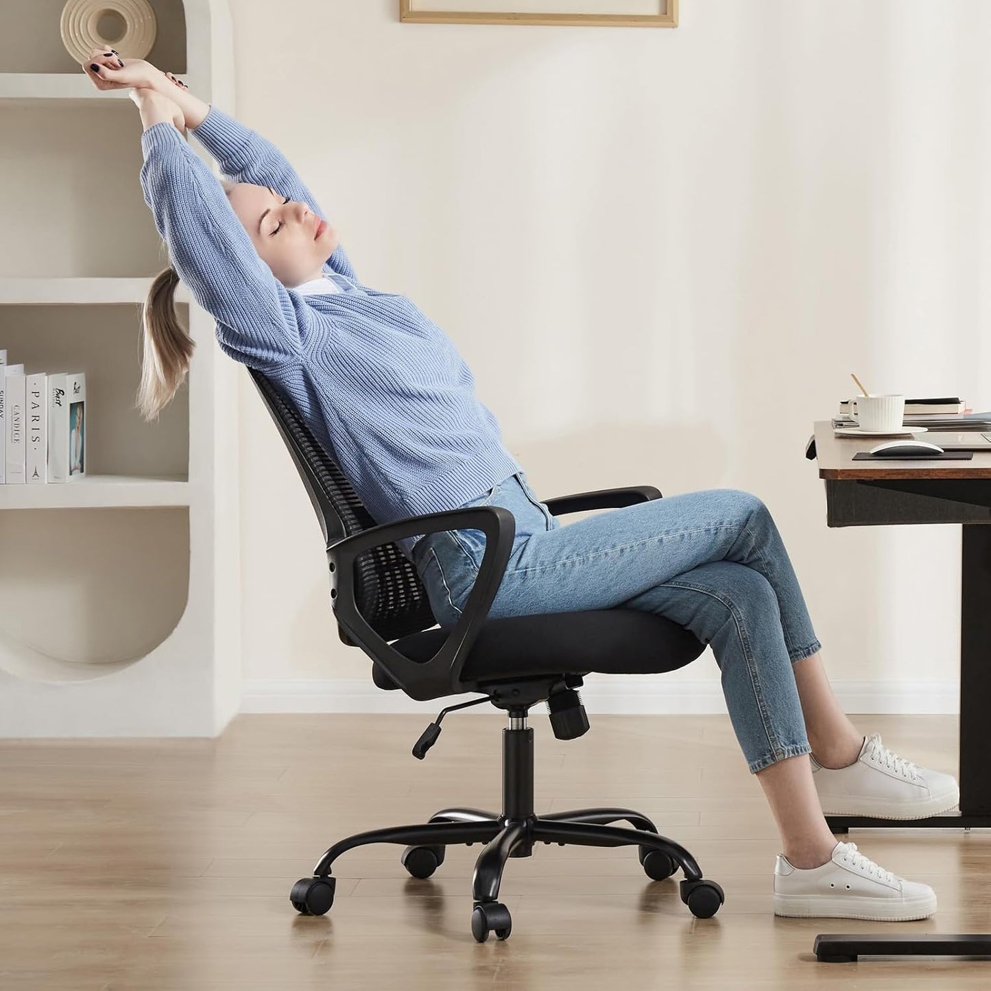 SMUG Office Computer Desk Chair, Ergonomic Mid-Back Mesh Rolling Work Swivel Task Chairs with Wheels, Comfortable Lumbar Support, Comfy Arms for Home, Bedroom, Study, Dorm, Student, Adults